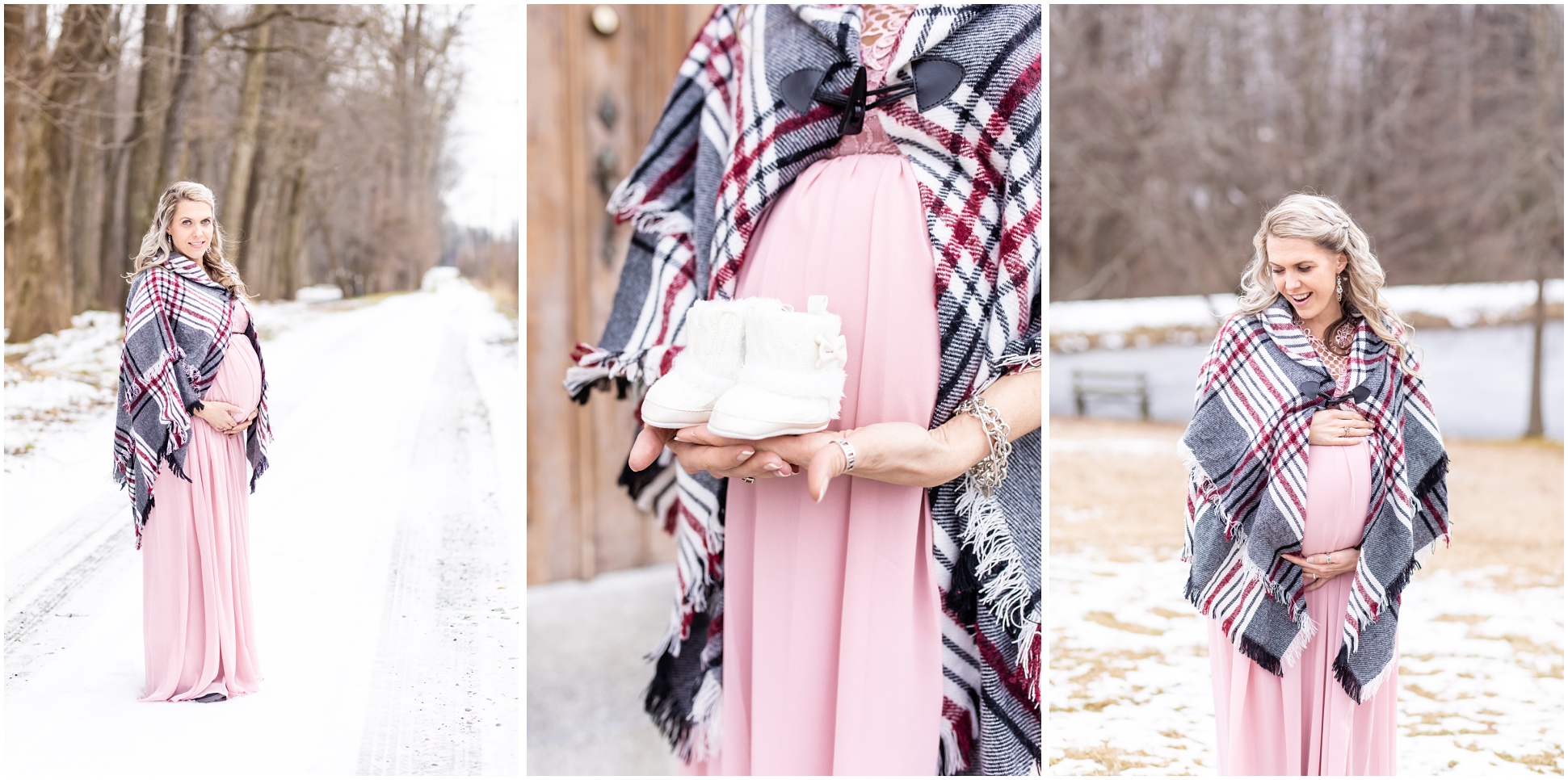 Three Images of a Mom-to-be during her snowy maternity session, wearing a flowing pink dress and a winter shaw