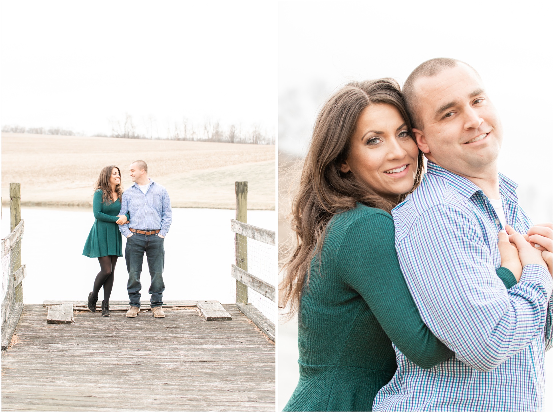 Two images of Valerie and Ryan by the pond and dock on the Heaps Family Farm