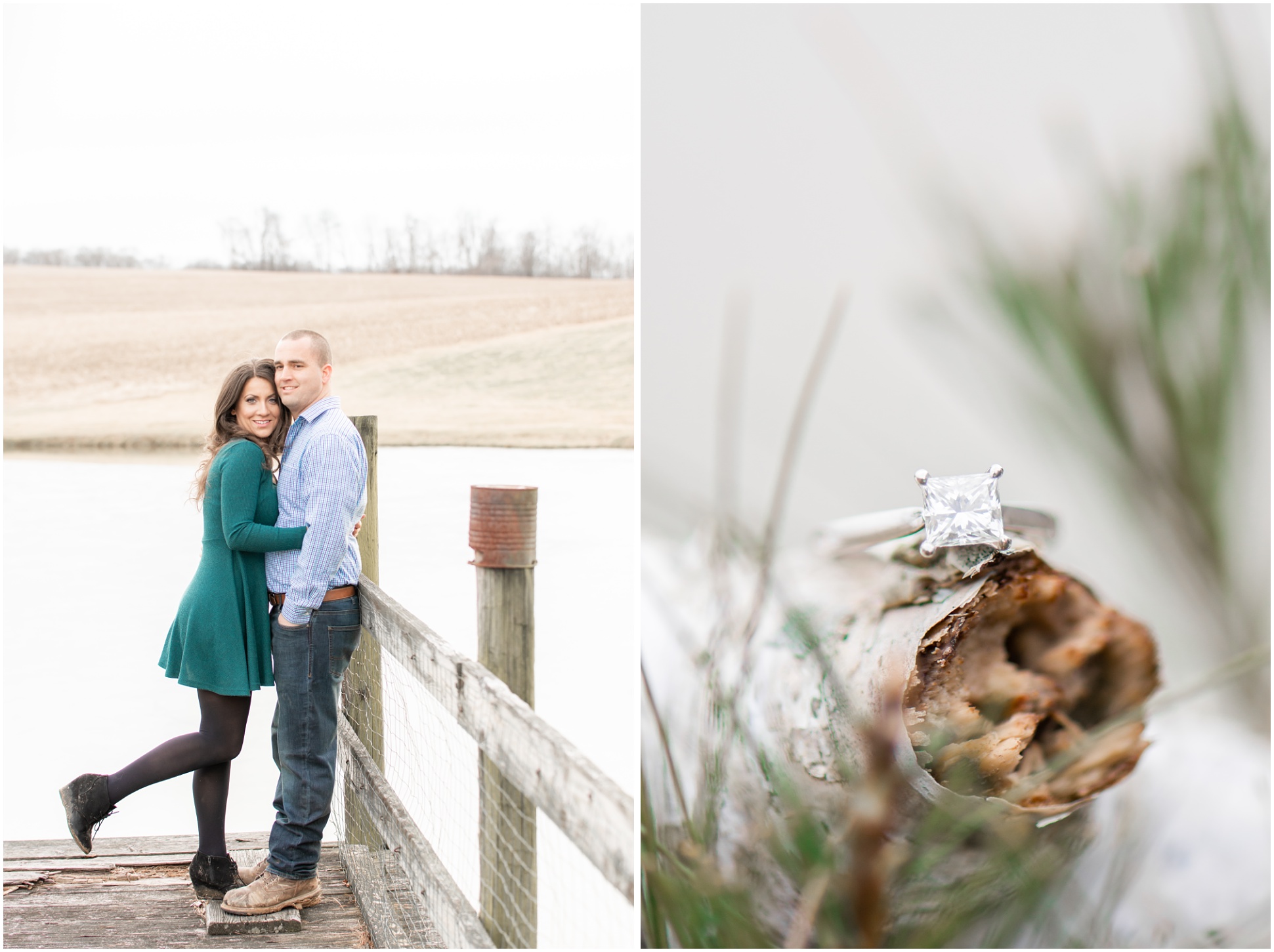 Left IMage: Valerie and Ryan on the dock, right image: Valerie's square diamond engagement ring on white birch