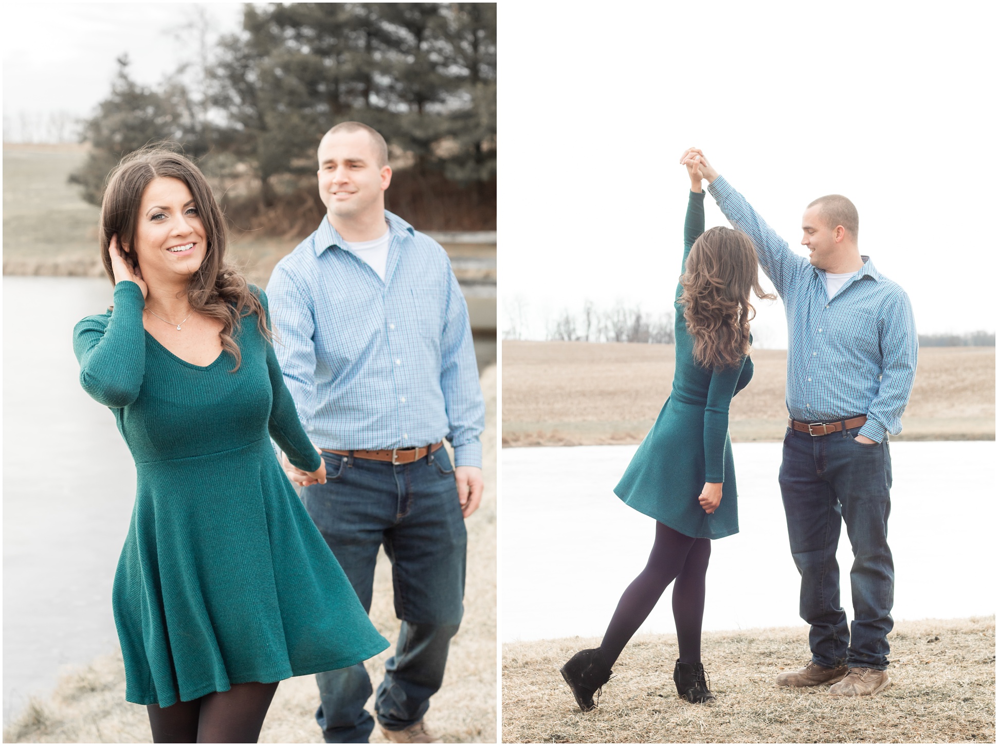 Two images of Valerie and Ryan dancing and walking on the family property