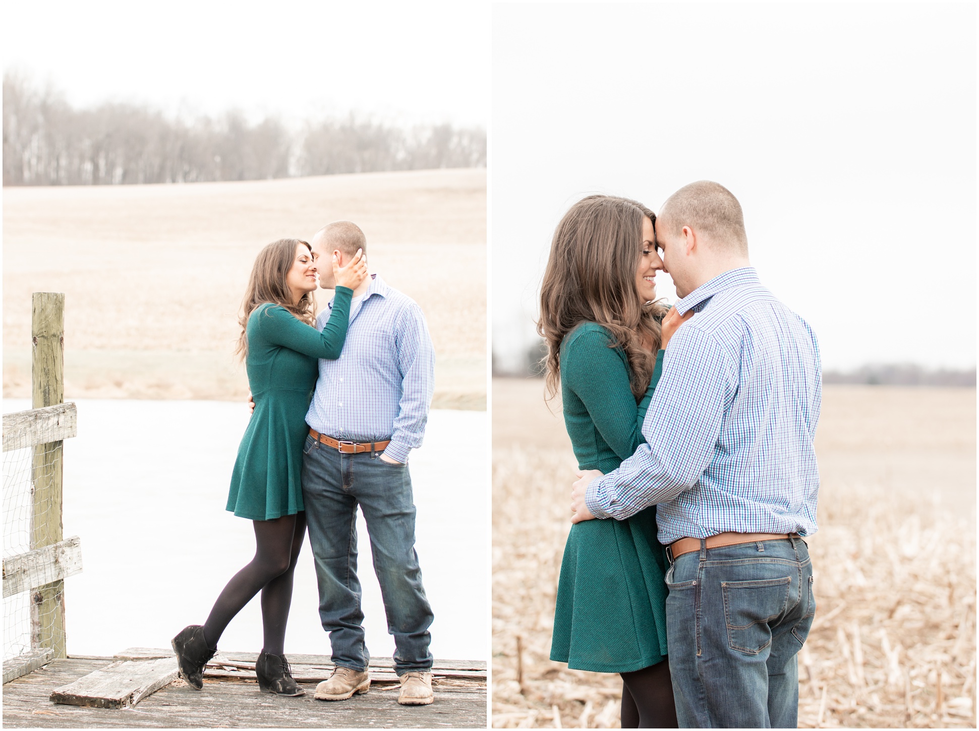 Two images of Valerie and Ryan snuggling together on the family farm