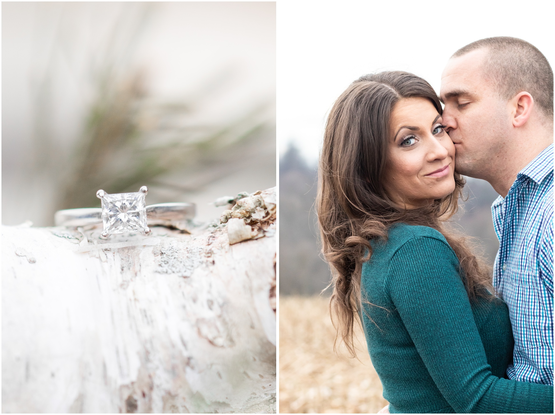 Left Image: square diamond engagement right on a piece of white birch with evergreen pines, right image: Ryan kissing Valerie in the corn field