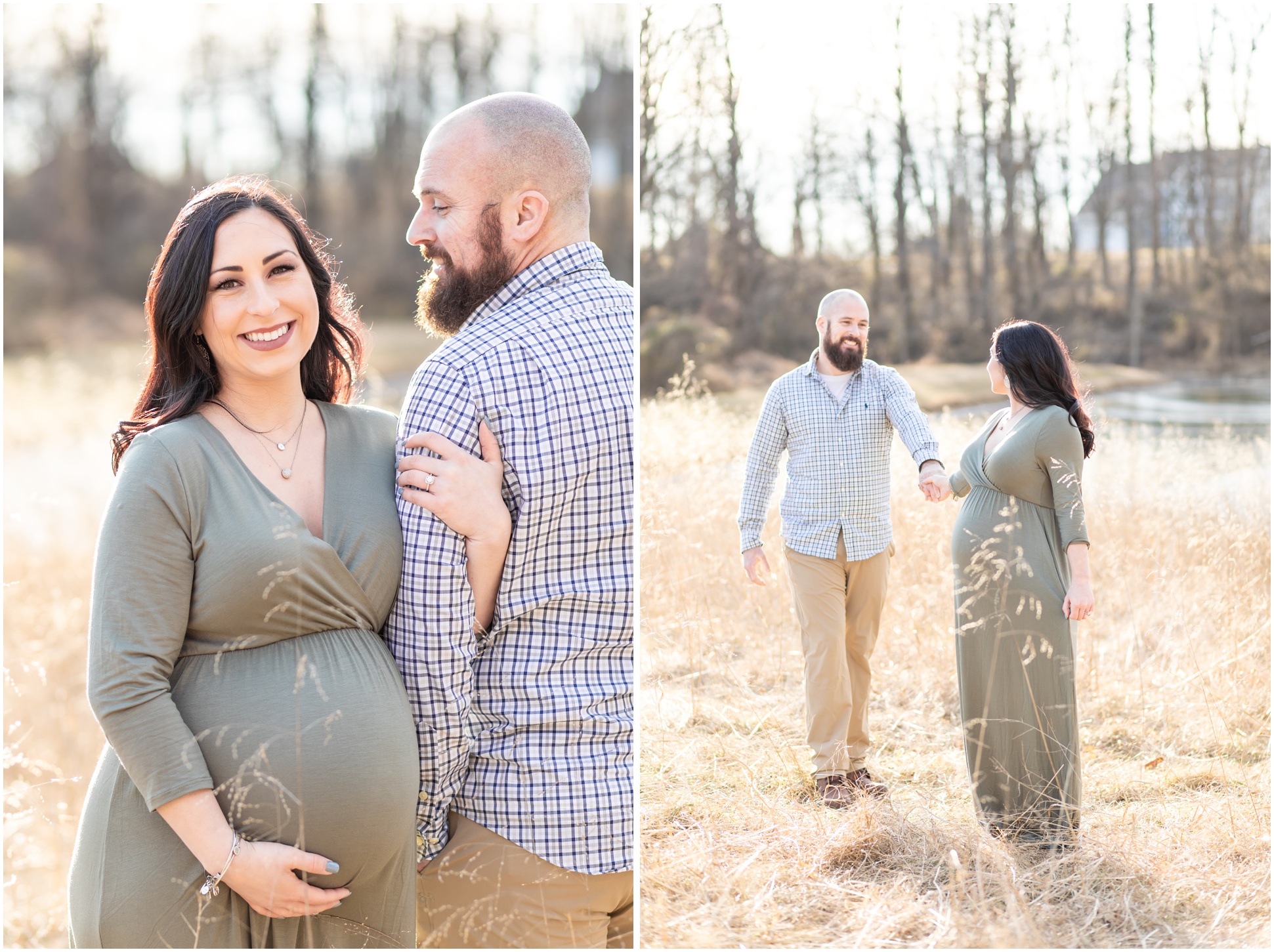 Two Image from A Maternity Session, left close up, right wide shot of mom and dad. Mom-to-be wearing green maternity dress