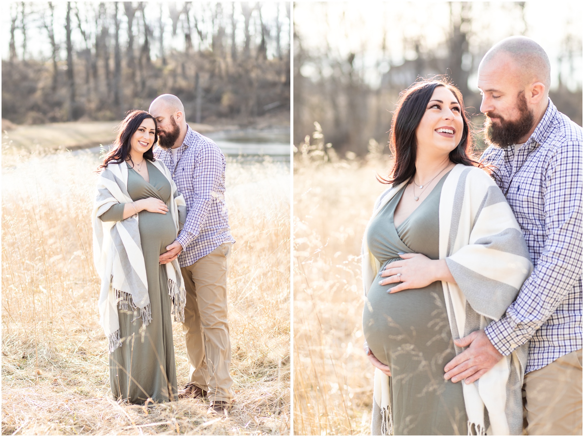 Two images of maternity session. Dad is wearing kahkis and a button down shirt, mom is wearing green maternity dress and a shawl