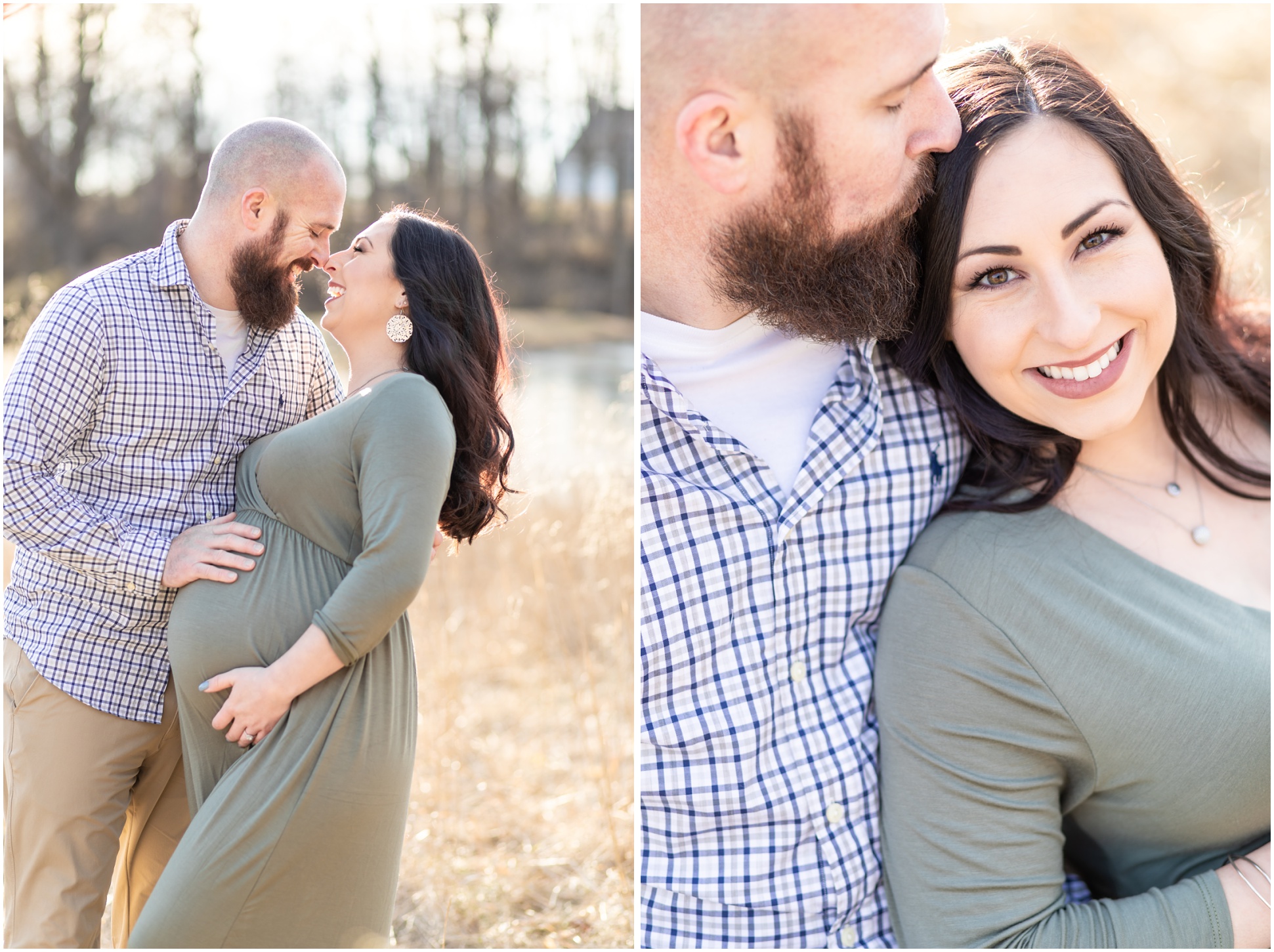 Two images of maternity session. Left Image is of dad-to-be dipping his wife. Right image is of mom-to-be snuggled up with her hubby