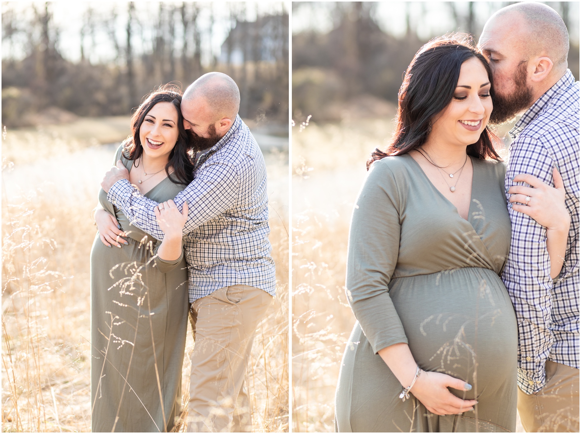 Pregnant Couple snuggling in the golden grass at sunset