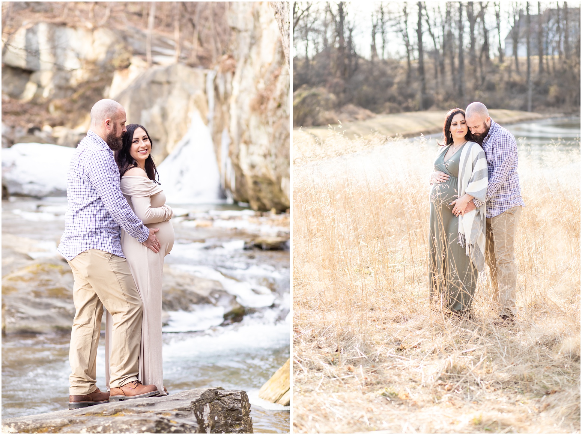 Left Photo: Kilgore Falls, Right Photos: Tall Golden Grass Field - Maternity Portraits