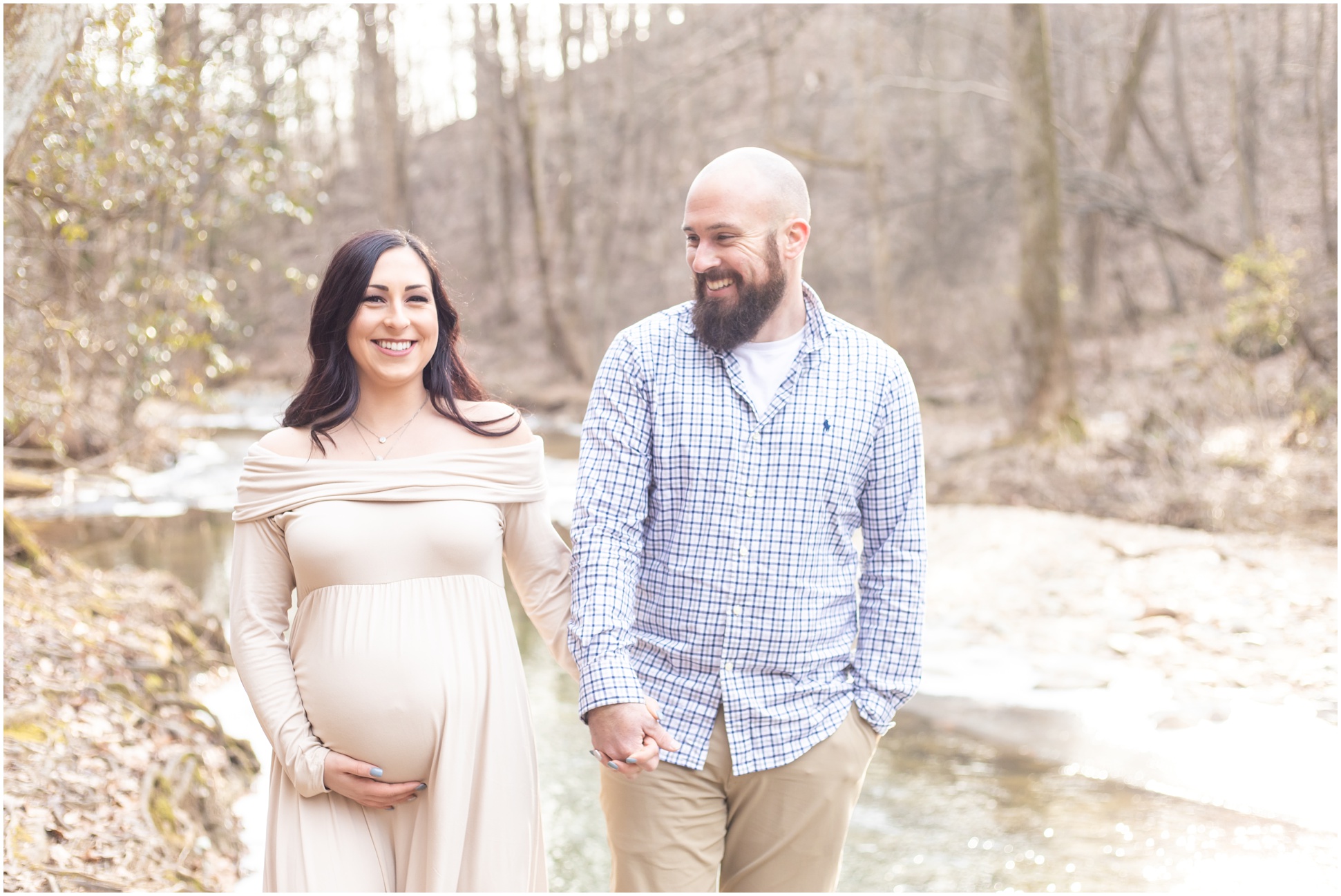 Pregnant Couple Walking By the Water of Kilgore Falls