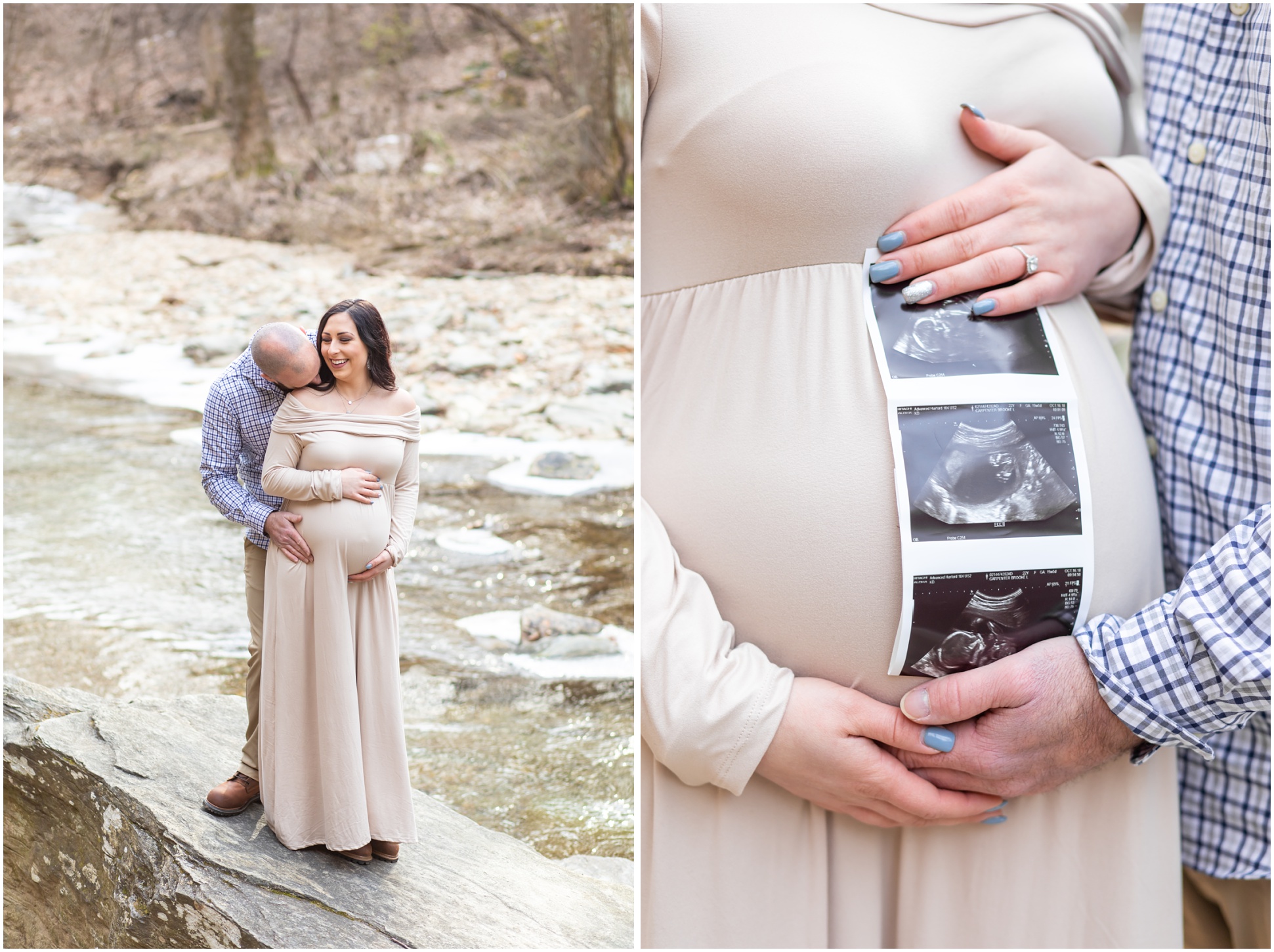 Left Image: Pregnant Couple dancing by the water, Right Image: Close up of sonogram over the baby bump