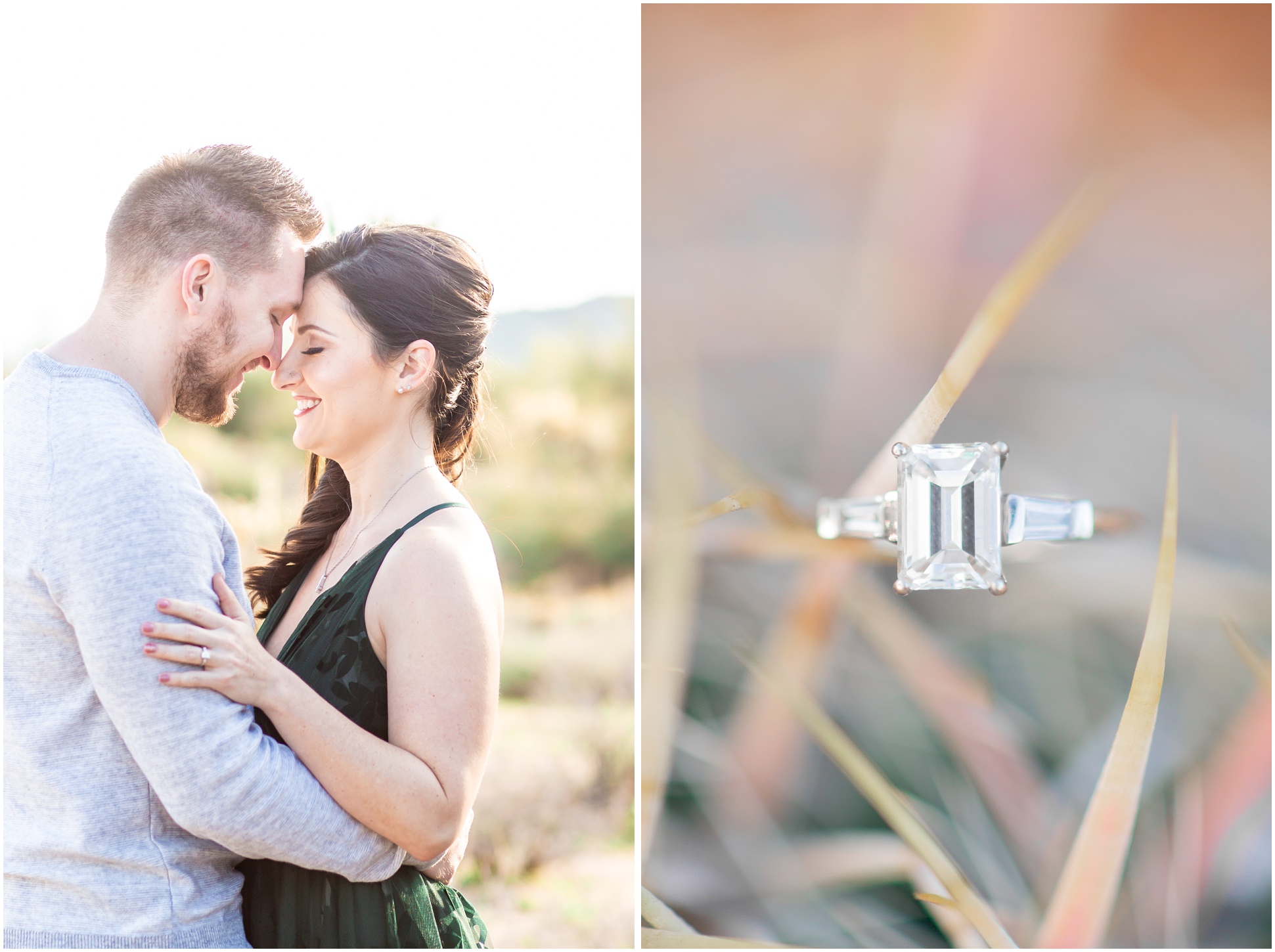 Left Image: Jake and Kaila nose to nose, right image: square diamond on fish hook cactus