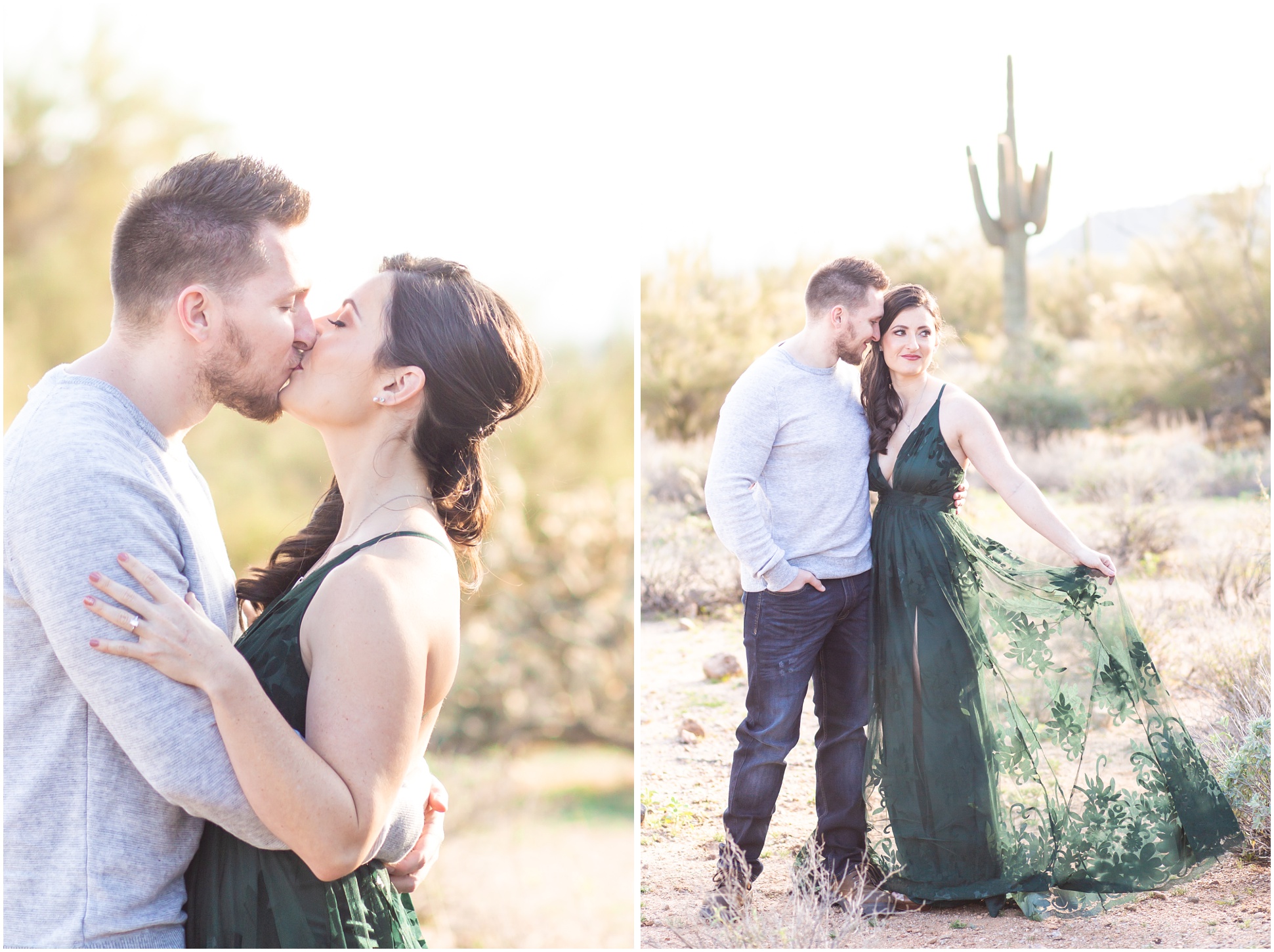 Left Image: Jake and Kaila Kissing, Right ImageL Jake nuzzling Kaila while she plays with her dress