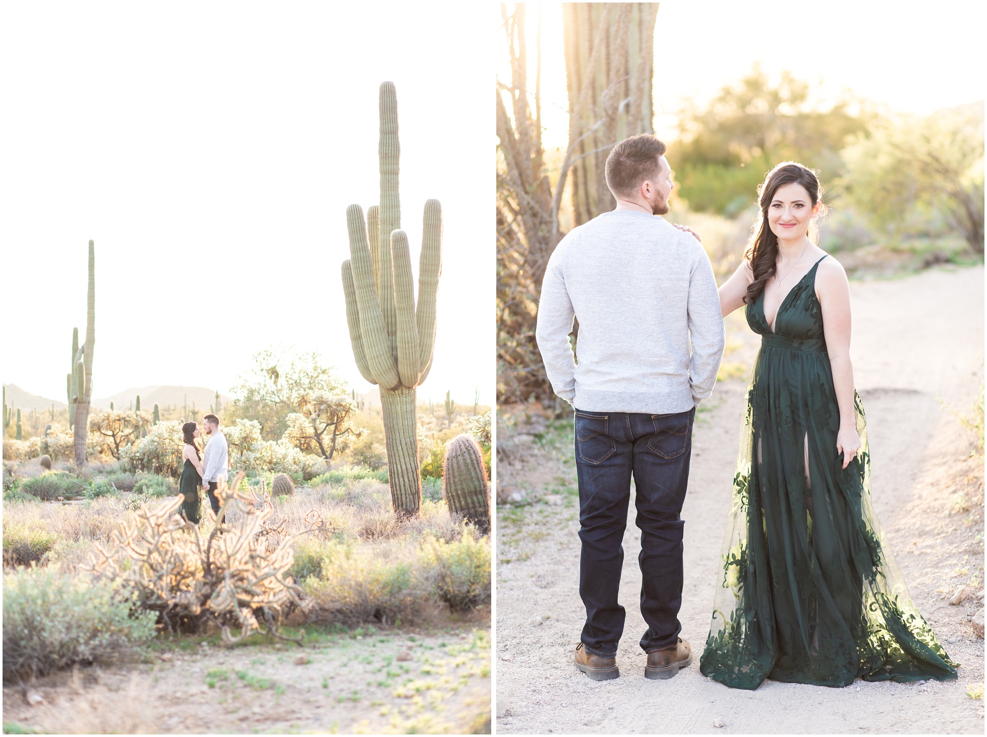 Left Image: Jake and Kaila kissing next to saguaro, Right Image: Jake and Kaila close up