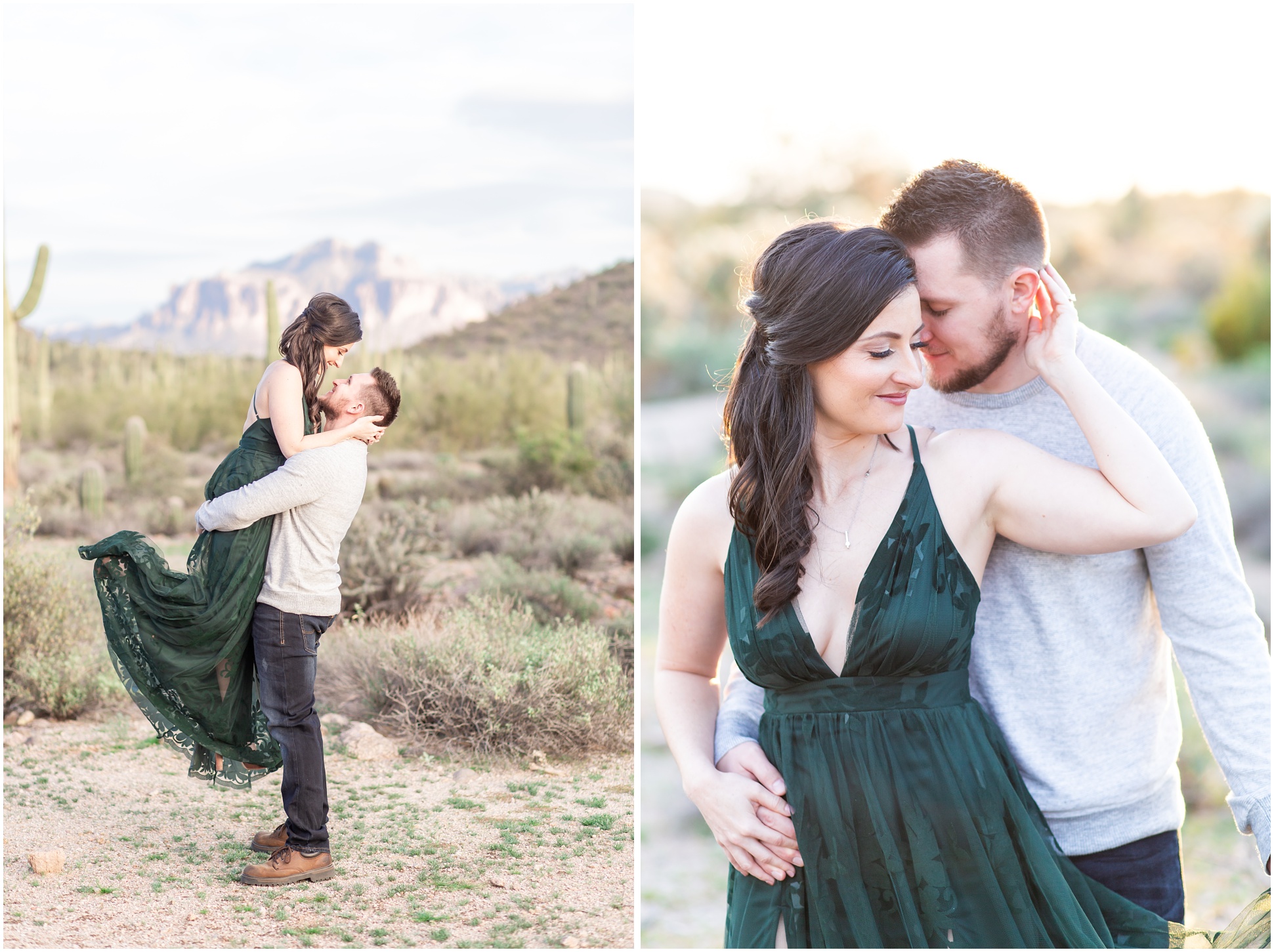 Left Image: Jake lifting Kaila in front of Supersticious Mountains, Right Image, Jake nuzzling into Kaila from behind