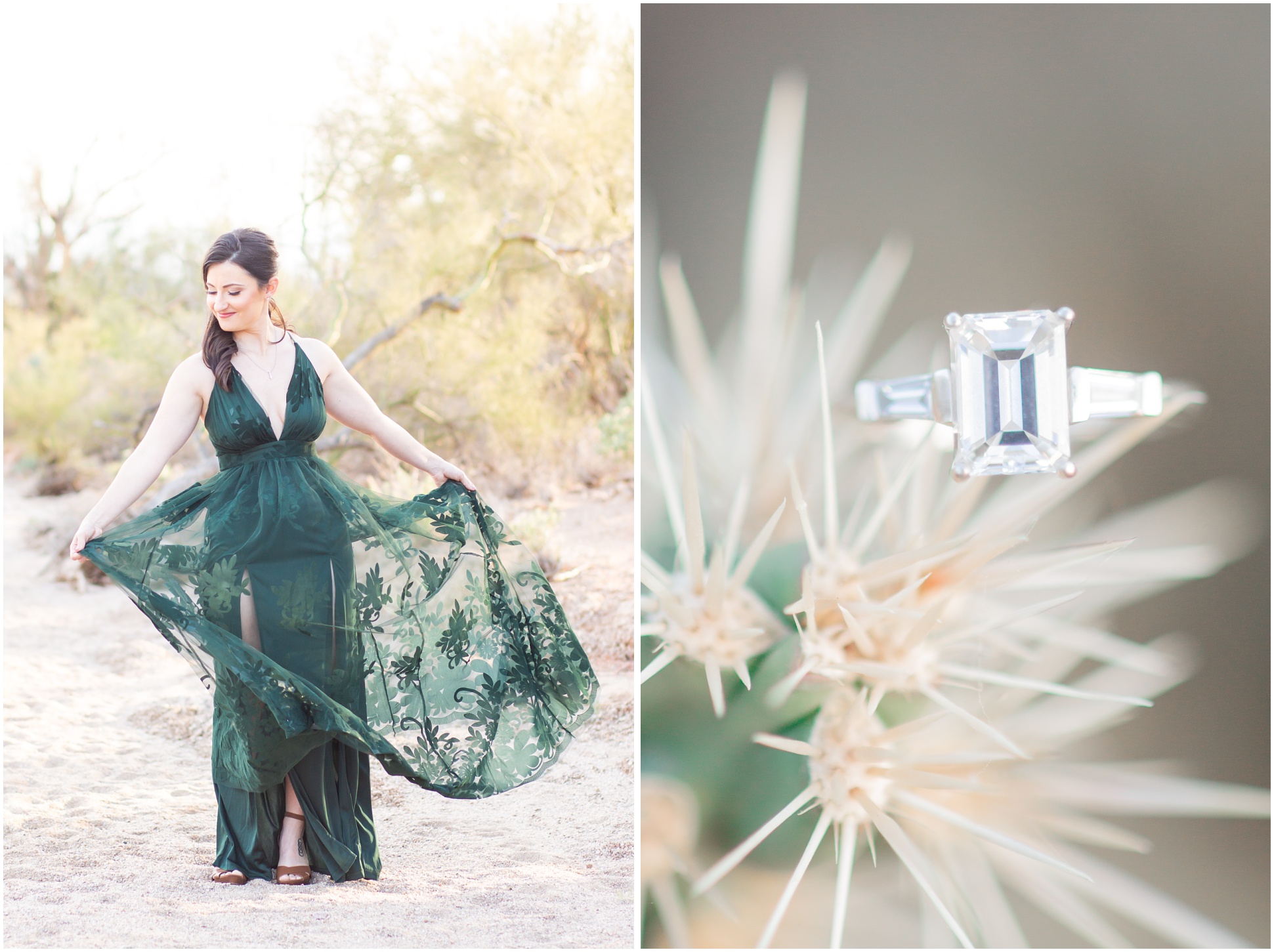 Left Image: Kaila playing with her green lace dress, right image: Square diamond engagement ring on cancus