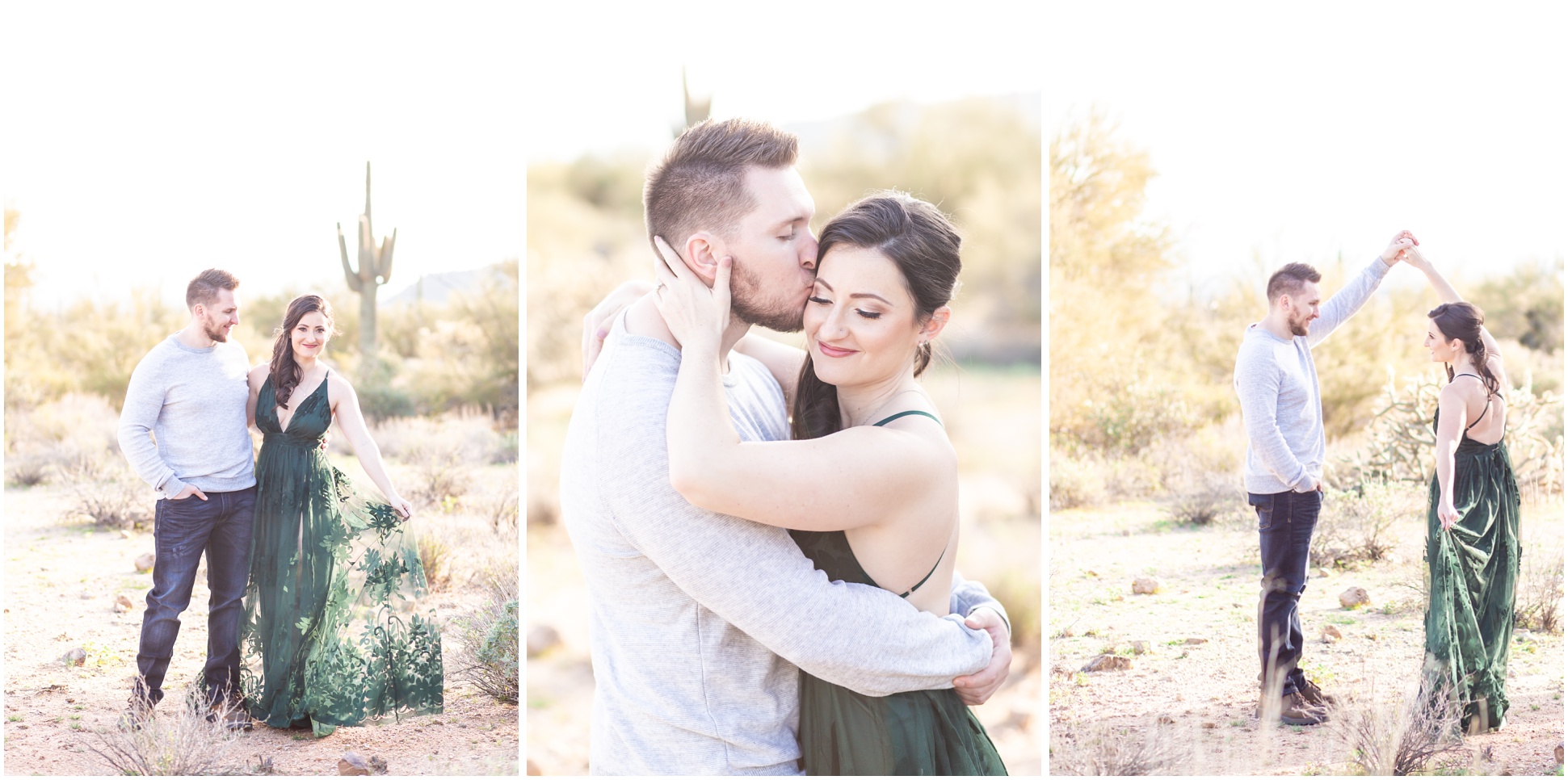 Three Images of Kaila and Jake during their engagement session at Usery Mountain