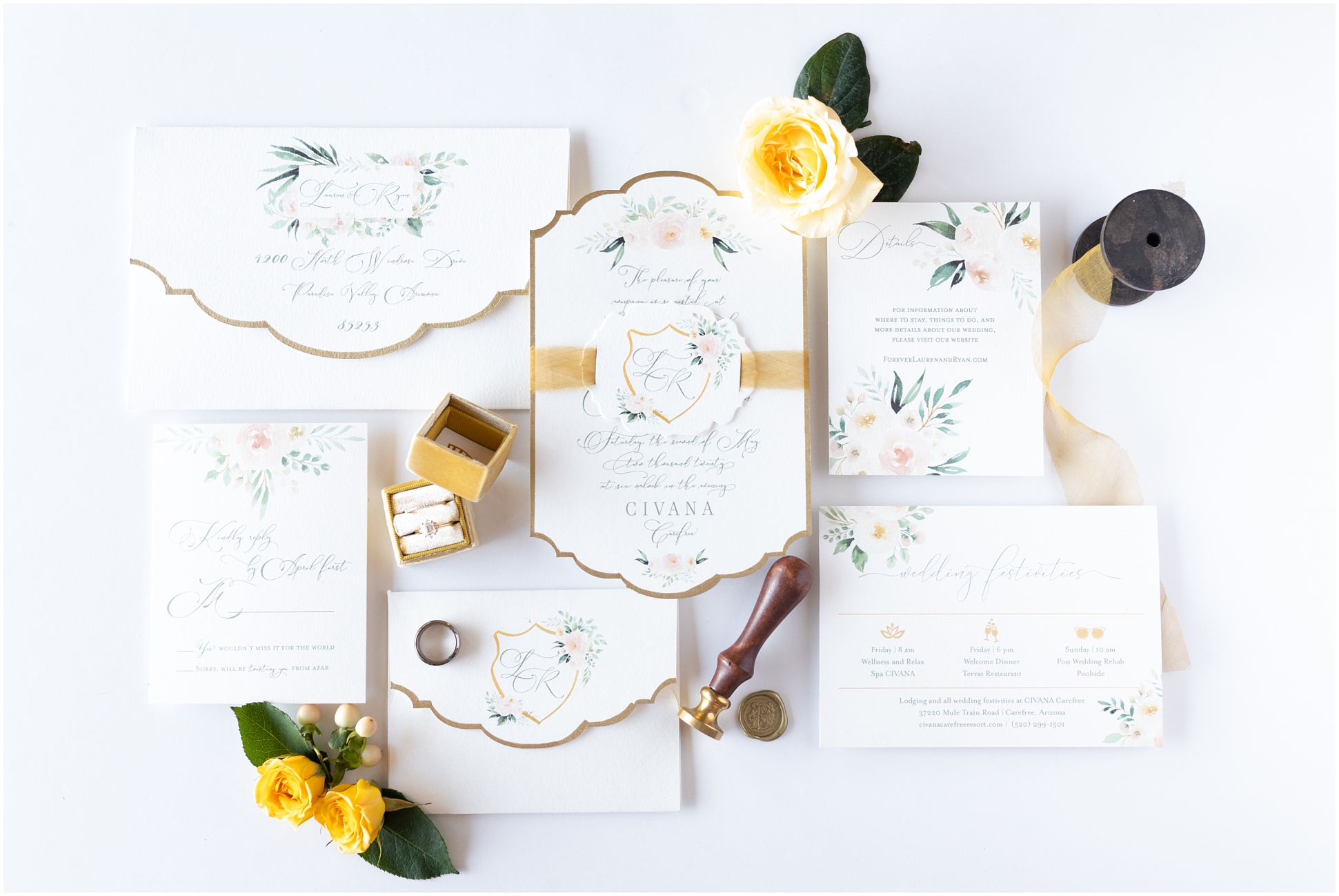 A Full Flat Lay of an Invitation Suite by Victoria York Design and floral pieces by Honey and Shaw