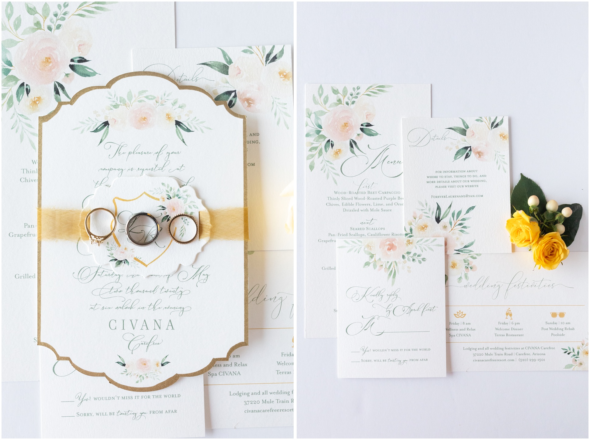 Two photos of a beautiful invitation suite created by Victoria York Design