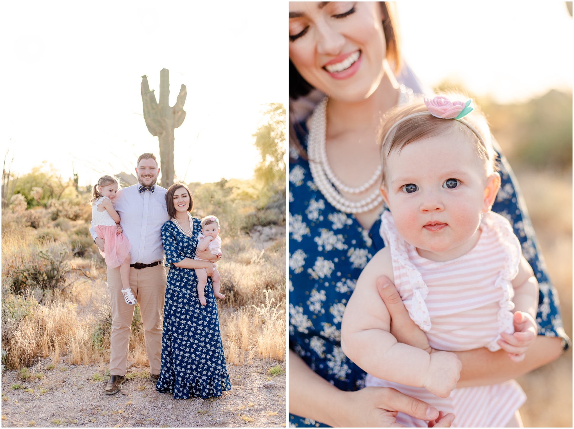 Left: Family of Four in front of saguaro, Right: Baby Elli in her mom's arms