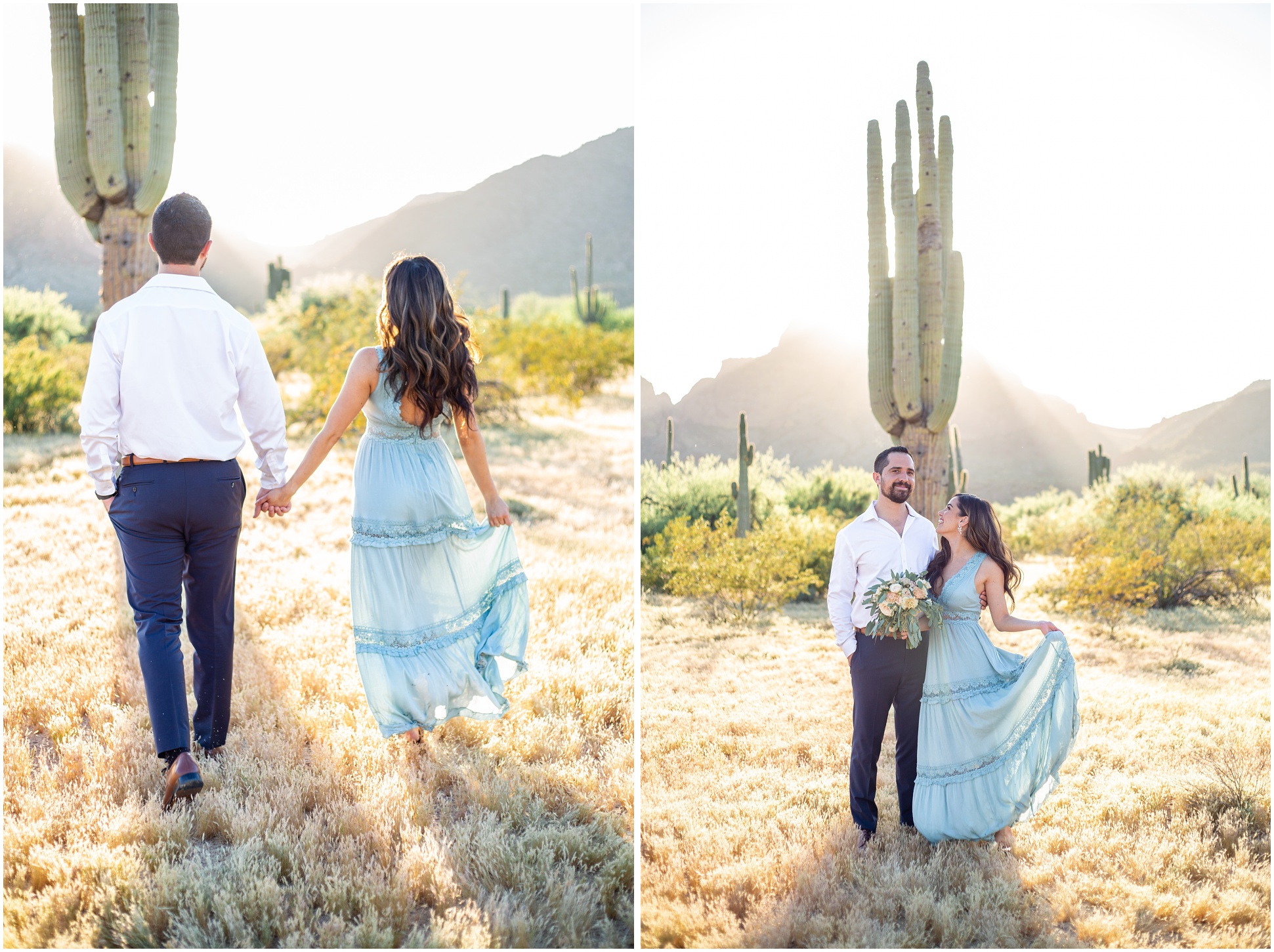 Left: Paul and Anette walking away from the camera, Right: Paul and Anette standing in front of a saguaro in the desert