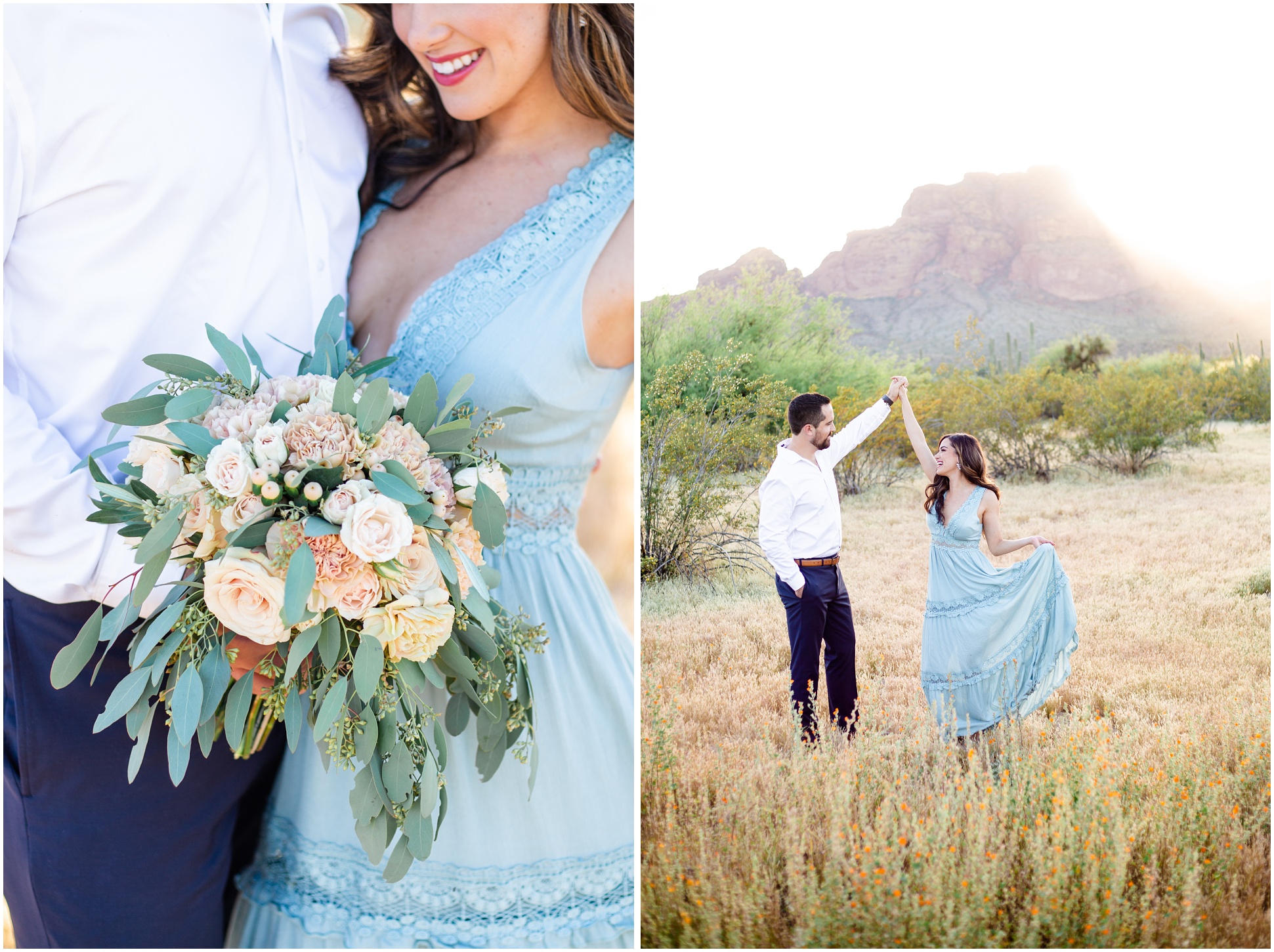 Left: Blush bouquet with greenery, right: Anette and Paul dancing as the sun set