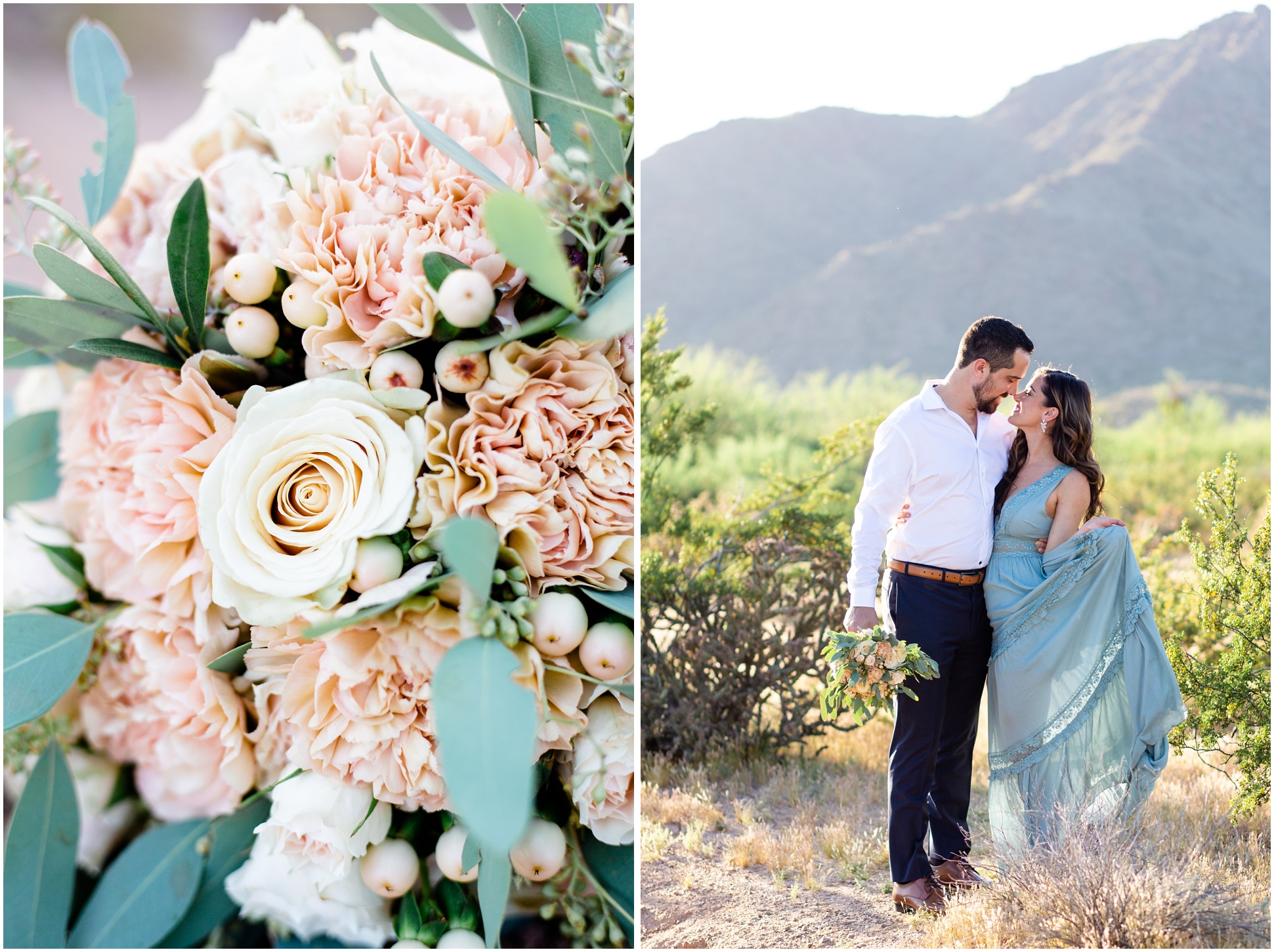 Blush Bouquet created by Butterfly Petals on the left, and Anette and Paul De La Rosa snuggled up in the desert as Paul holds the bouquet