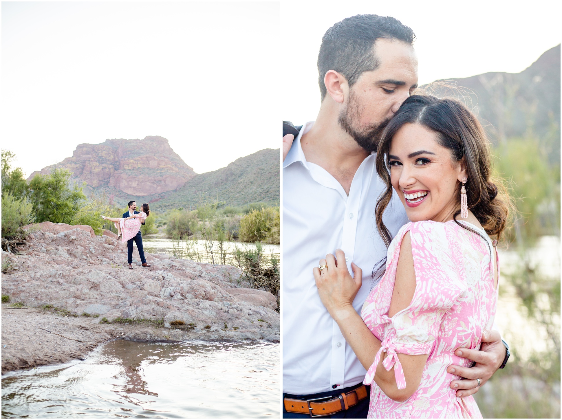 Left: Paul holds Anette in a cradle at the Salt River, Right: Paul and Anette snuggle up as Paul kisses her temple