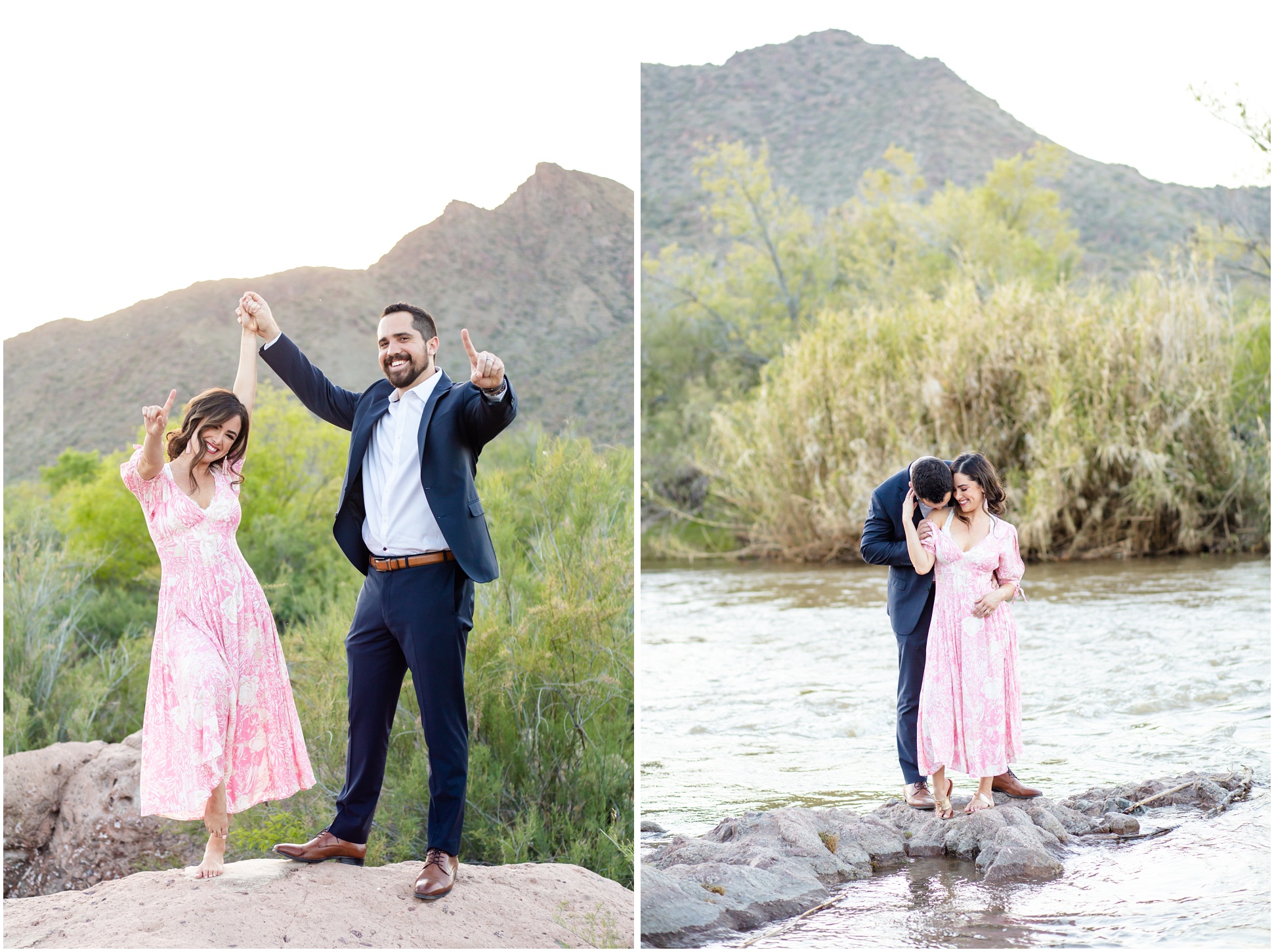 Two images of Paul and Anette De La Rosa celebrating their one year anniversary at the salt river