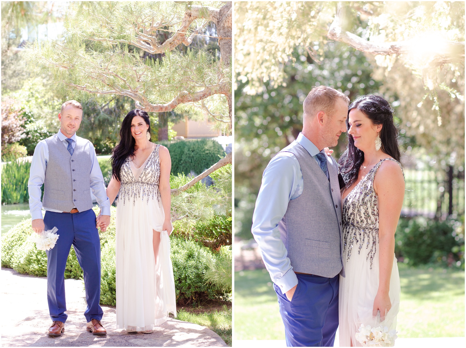 Two images of bride and groom at Phoenix Japanese Friendship Garden