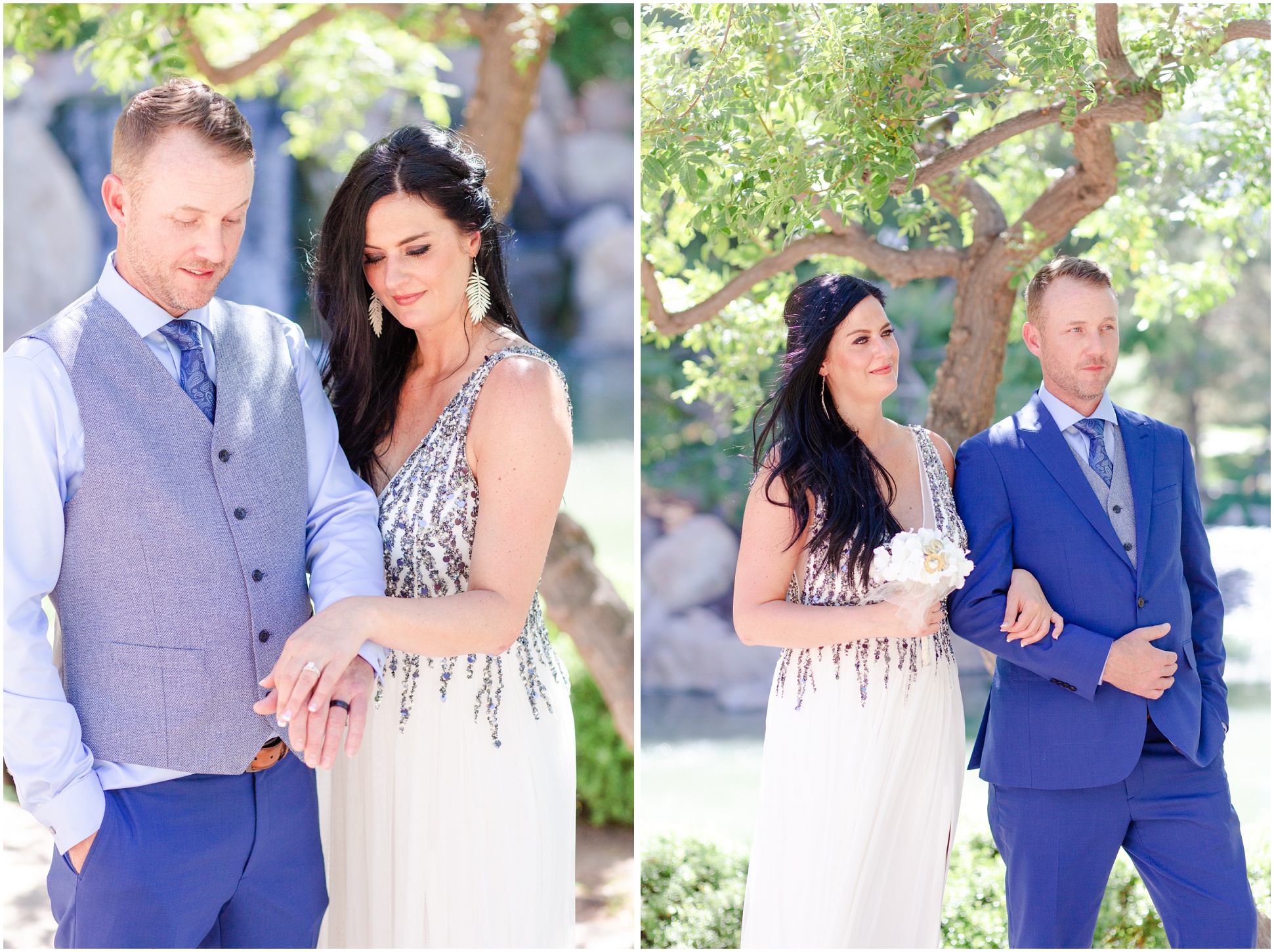Two photos of Holli and JB during their ceremony at the Friendship Garden