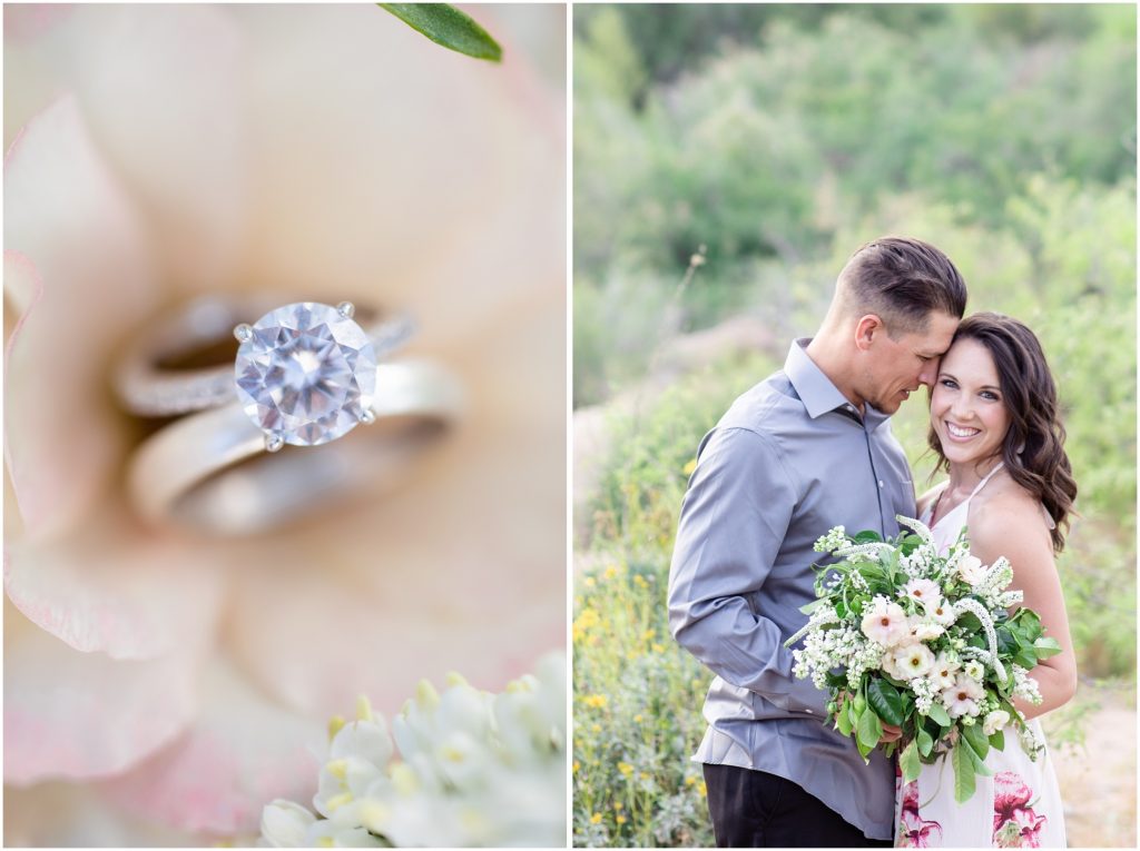 Left Image: Circle Cut Ring on Blush Flower, Right Image: Michael and Jessica holding bouquet at Phon D Sutton