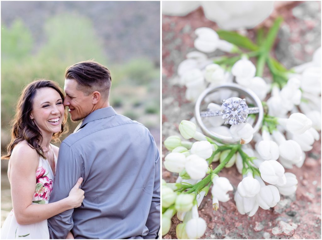 Left Image: Jessica and Michael laughing, Right Image: Their Wedding Rings in a bed of flowers