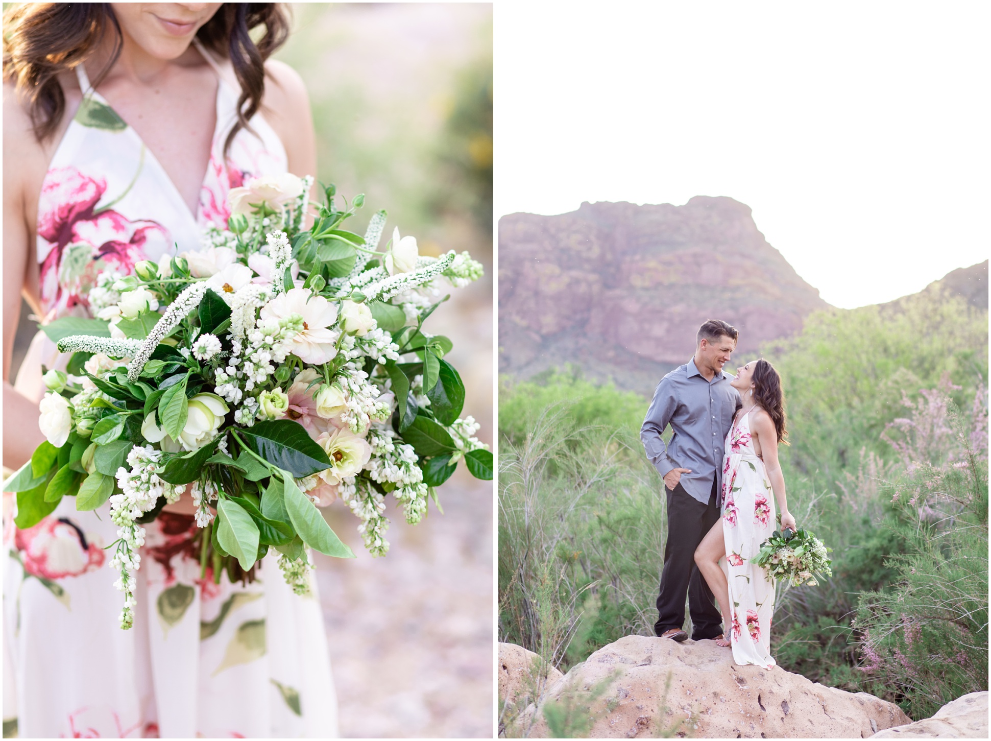 Left Image: Jessica holding the bouquet, Right Image: Jessica gazing into Michael's eyes with the mountain in the background