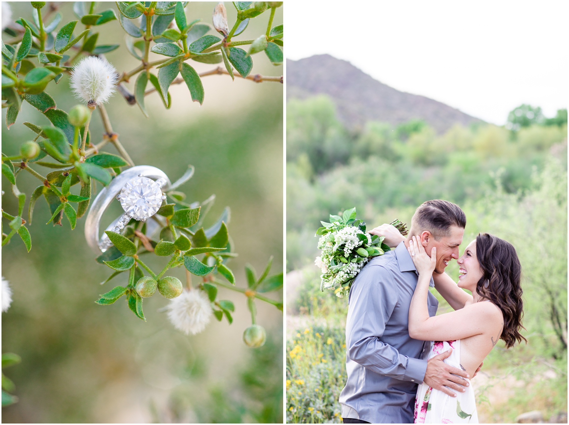 Left Image: rings hanging on an arizona desert bush, right image: Jessica and Michael giggling