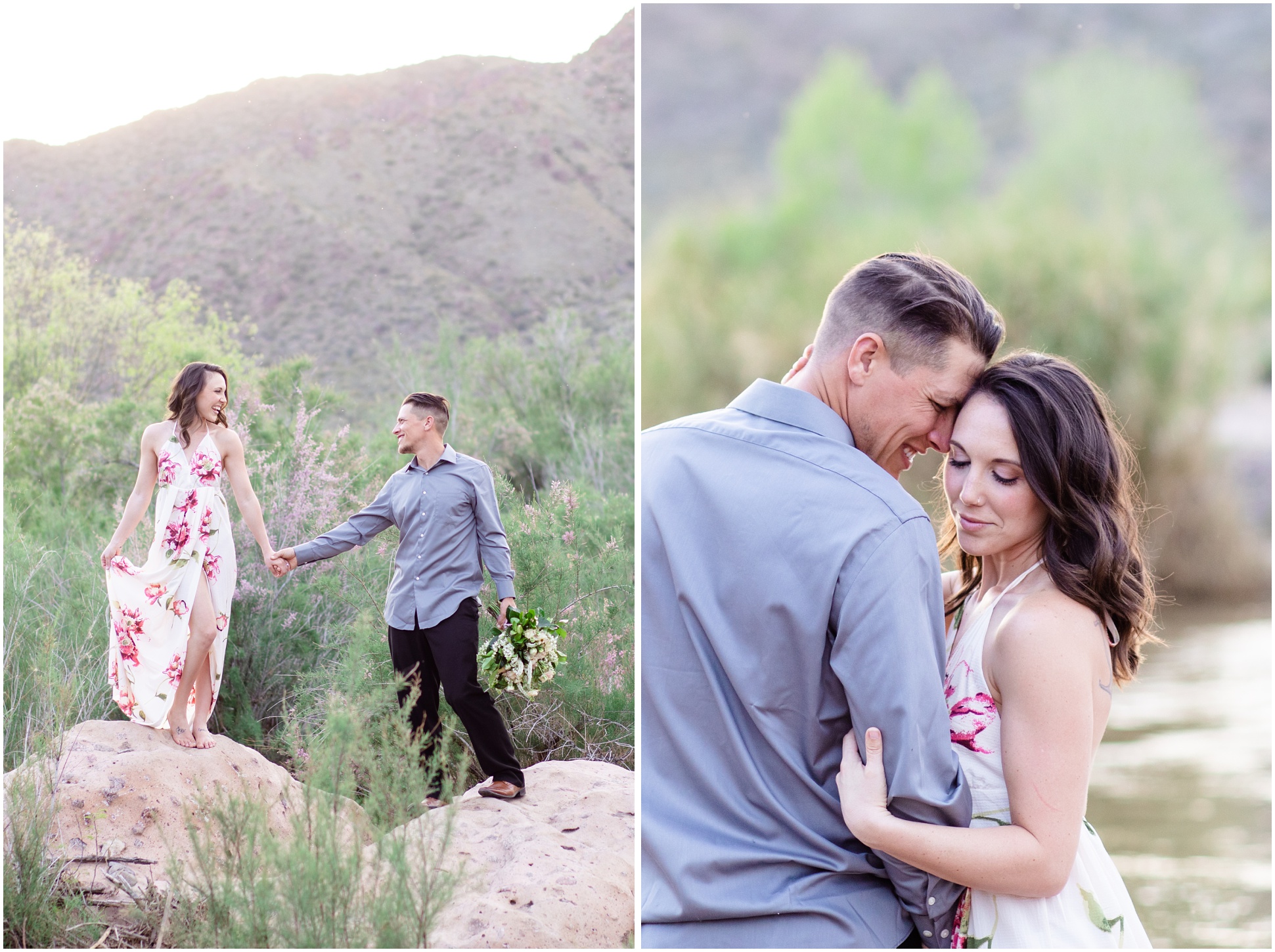 Left Image: Jessica and MIchael holding hands on a rock, Right Image: Jessica embracing Michael's elbow with their foreheads together