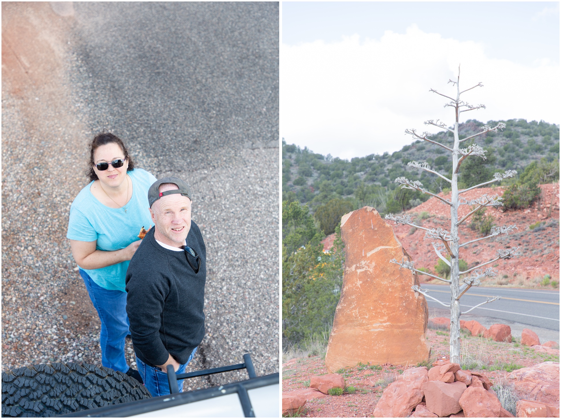 Left Image: Two adults, male and female, looking up at the roof of a LandRover, Right Image, a dead tree in Sedona