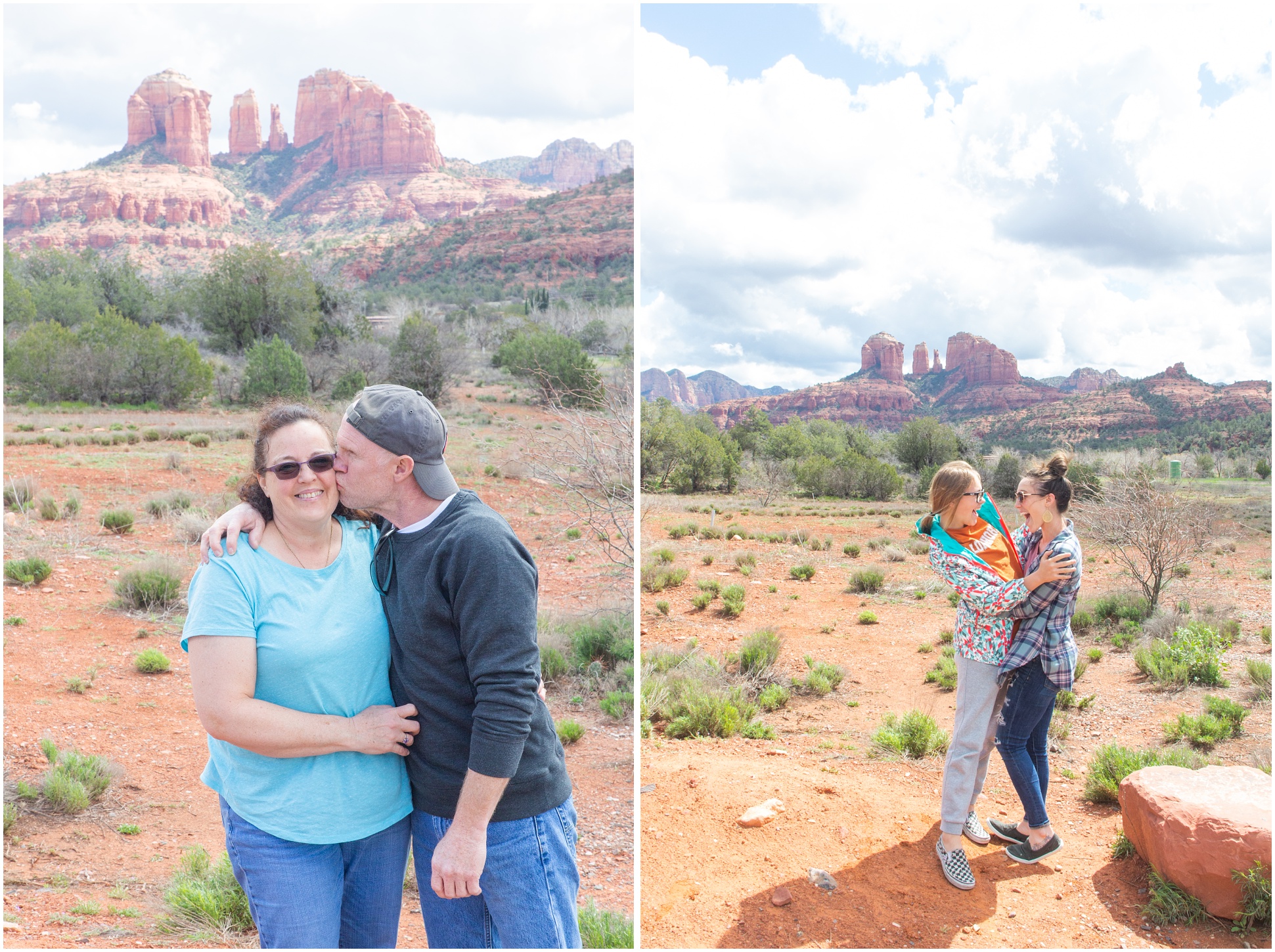 Two Images of Family members in front of the red rocks in Sedona