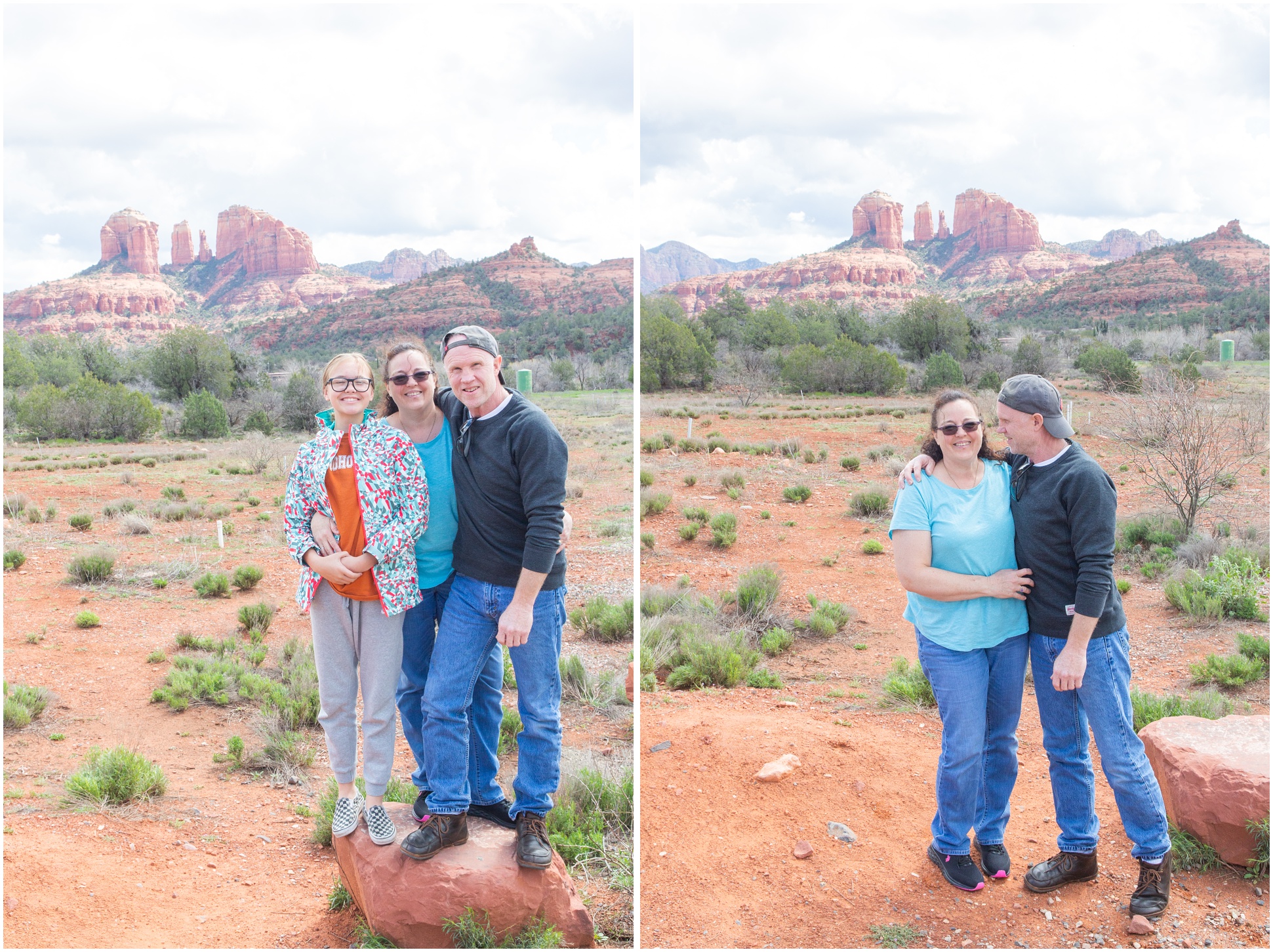 Two images of my family members, daughter, mom, dad, in front of the red rocks in Sedona