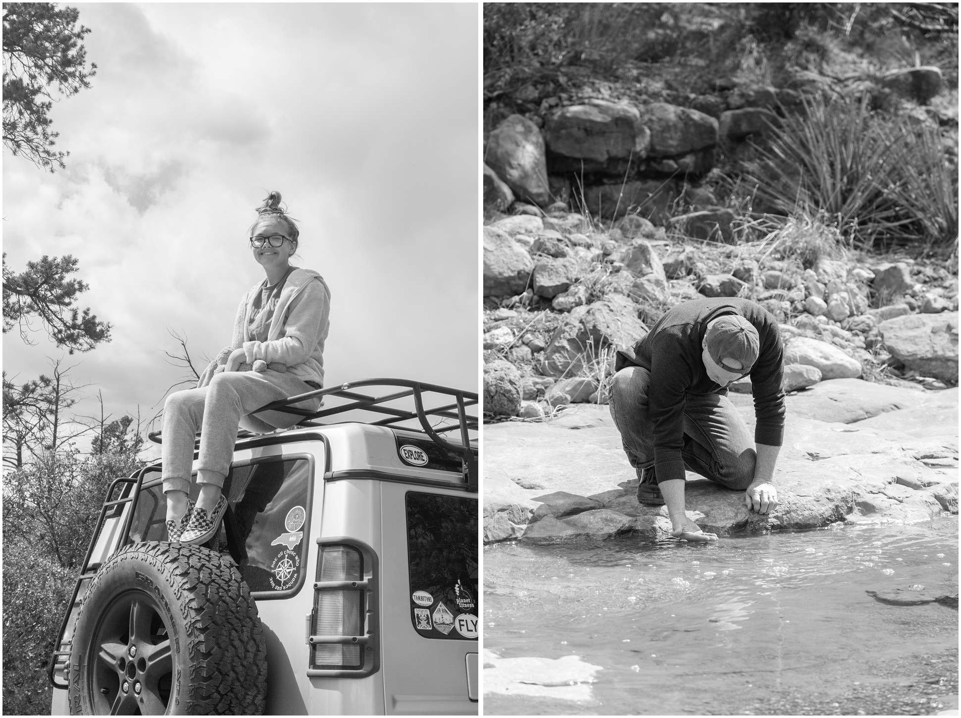 Two Black and White Photos. Left: Kate on top of the Range Rover, Right: My dad playing in the stream