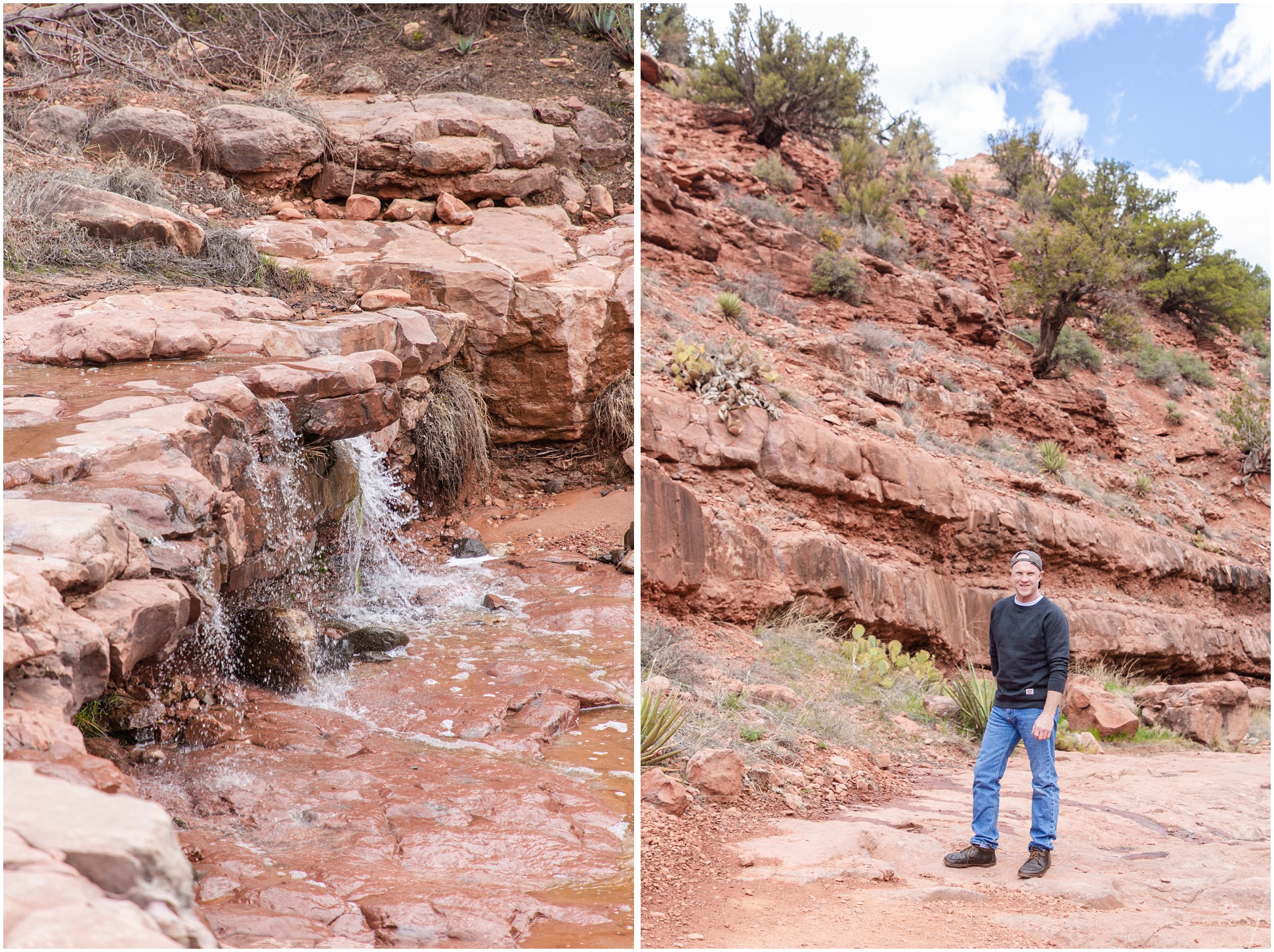 Left: Waterfall on Schnebly Hill Rd. Right: Dad standing on Schnebly Hill Rd