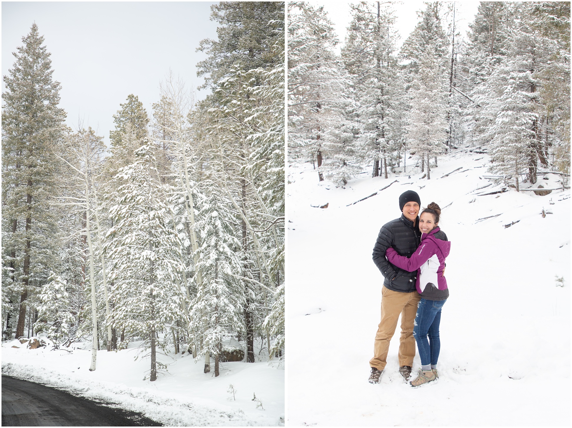 Left image: Snowy trees, right image: Michael and Jessica in the snow at snow bowl