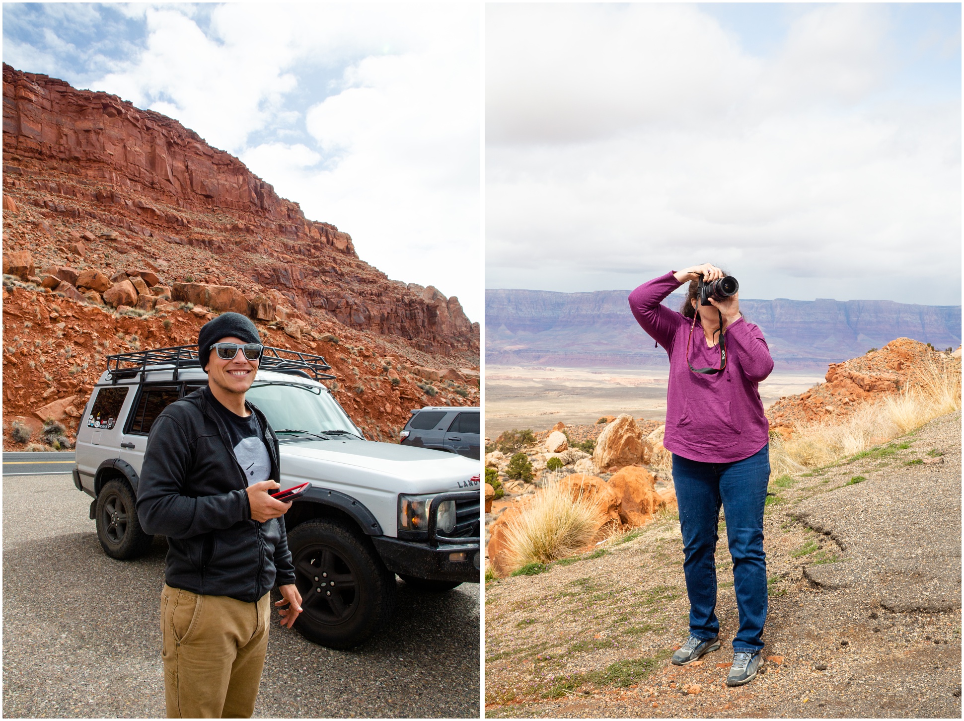 Two Images of us pulled over at an overlook in Page Arizona