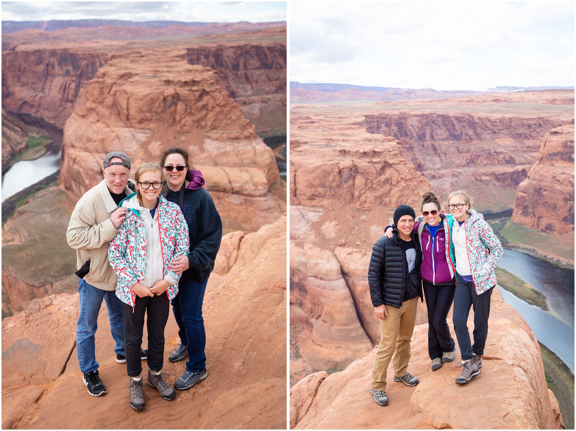 Two family photos of us in front of Horseshoe Bend
