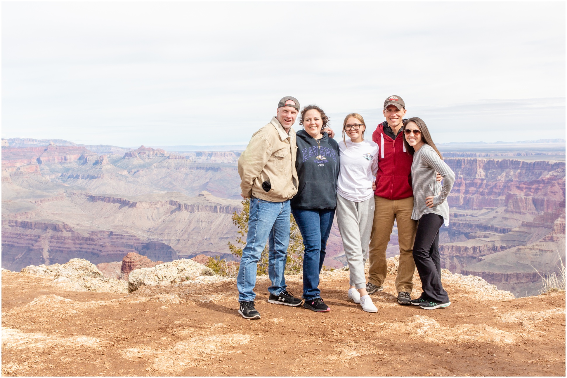 Charlie, Wendy, Katlyn, Michael, and Jessica standing at the Grand Canyon