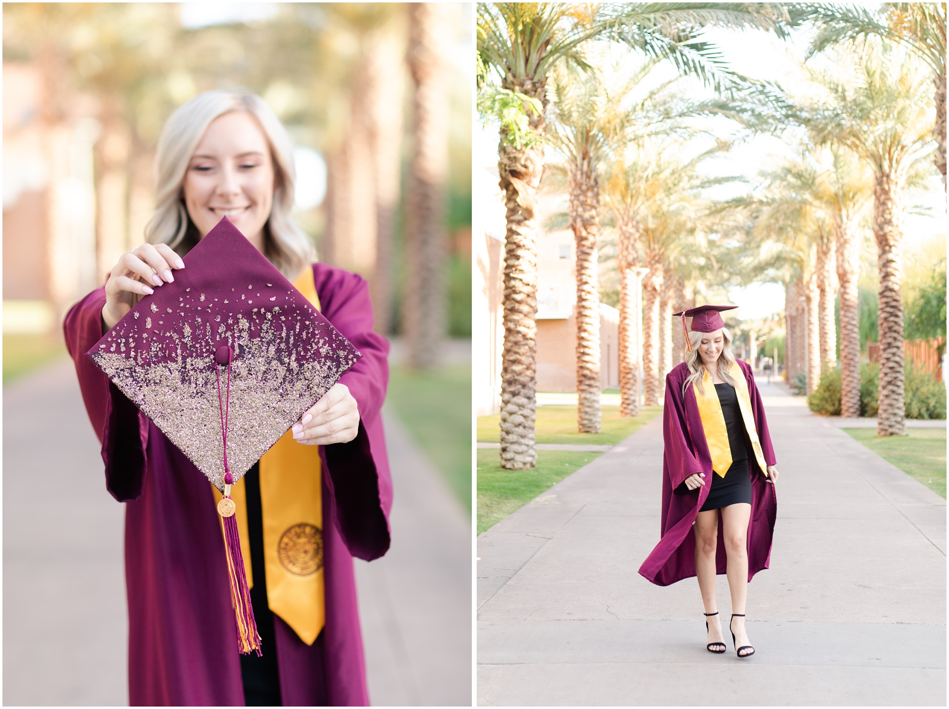 Two images of Kaitlynn on palm walk at ASU with her cap and gown.