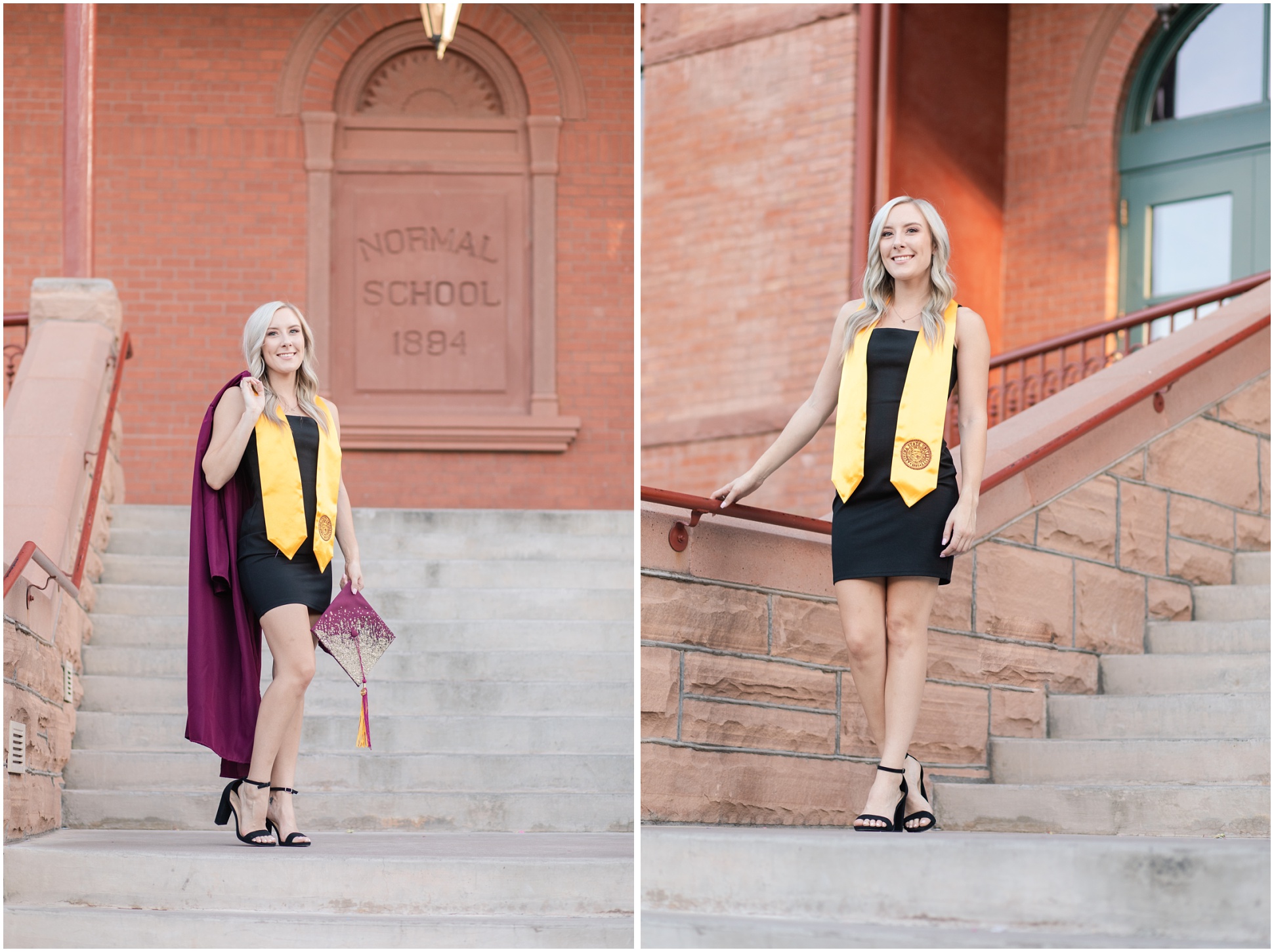 Two portraits of Kaitlynn Schares standing on the steps of Old Main, wearing her stole