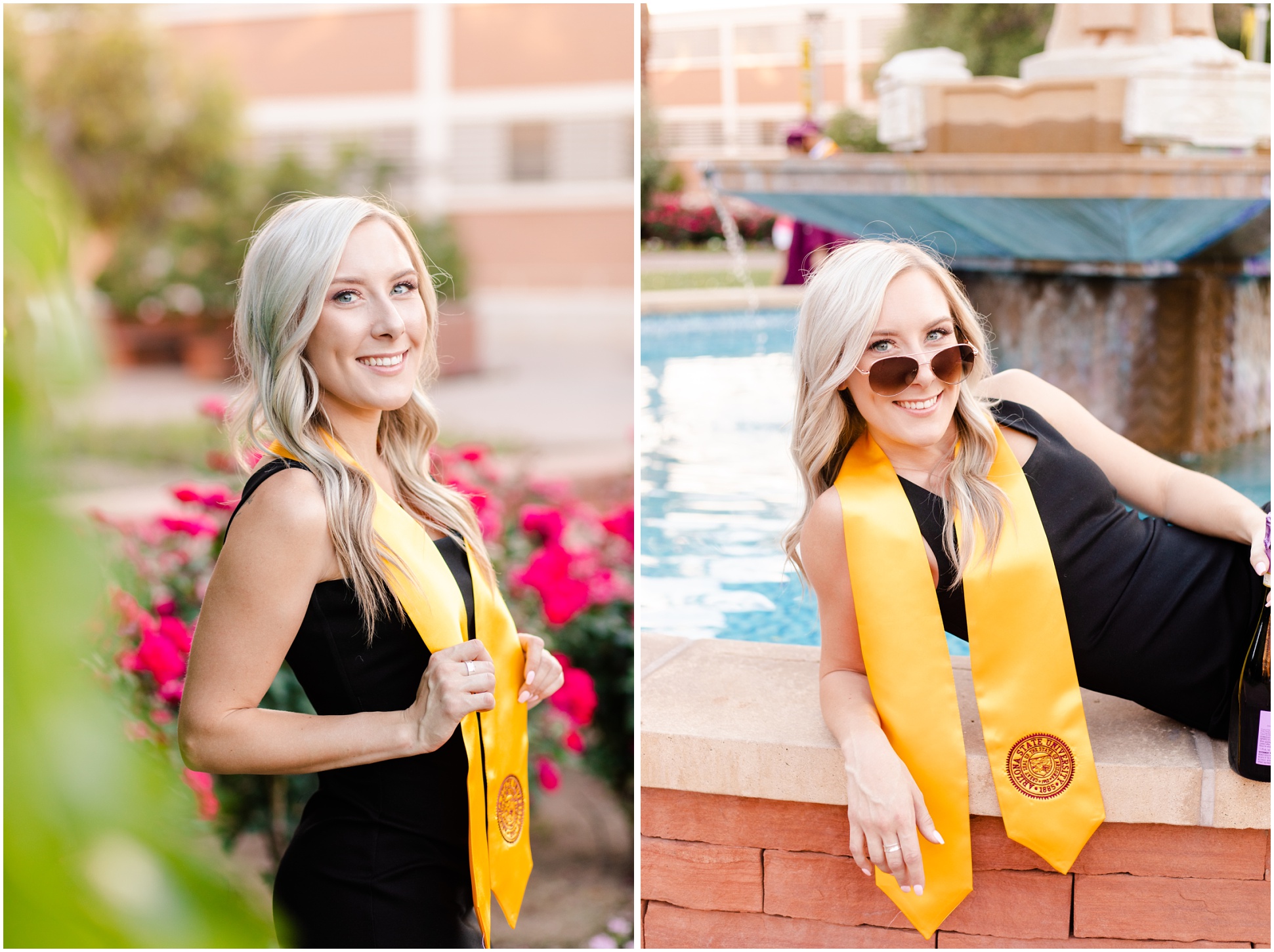 Two graduation portraits of Kaitlyn by the fountain as Old Main on ASU Tempe Campus