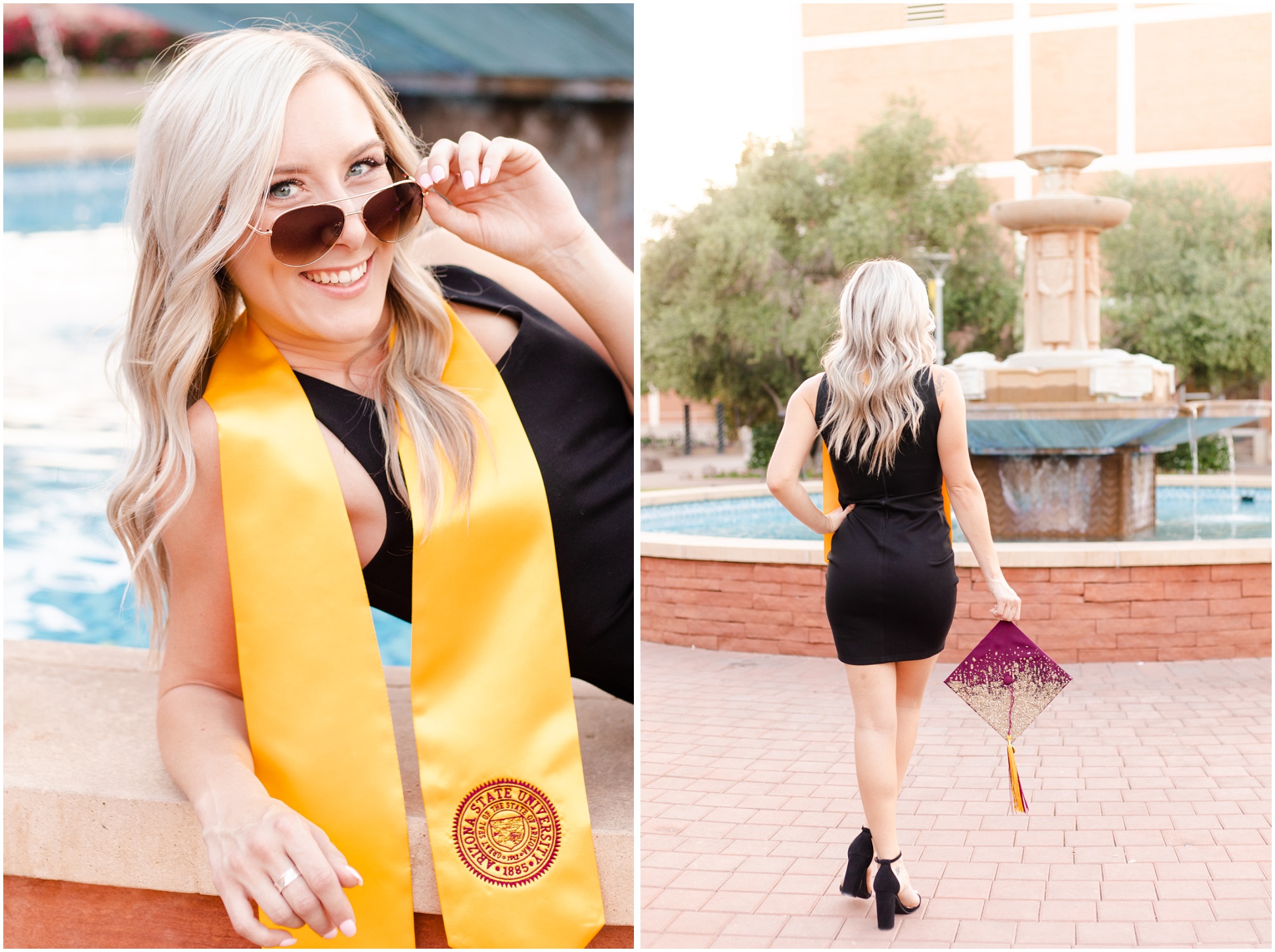 Left: Kaitlynn looking over her glasses, Right: Kaitlynn holding her cap in her hand facing the fountain