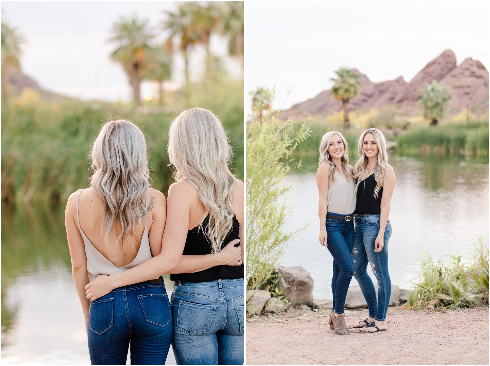 Two photos of two best friends, wearing jeans, standing in front of Hole in The Rock
