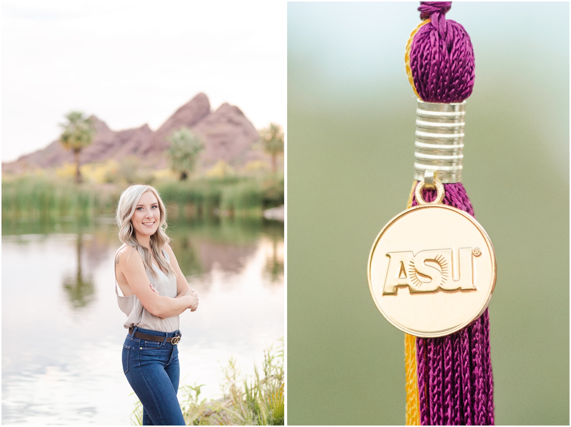 Left: Kaitlyn Schares standing with her arms crossed at Papago Park; Right: ASU tassle