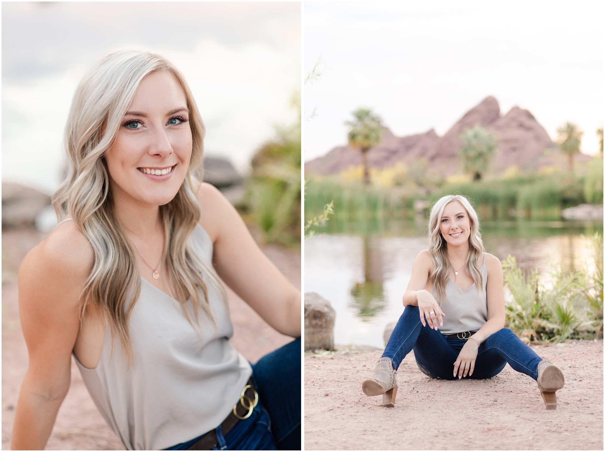 Two Images of Kaitlynn Schares sitting by the community pond